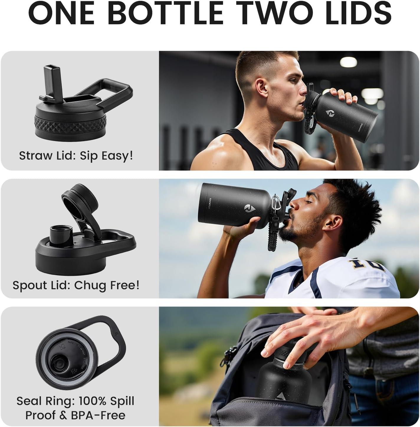 imageInsulated Water Bottle 64 oz Triple Wall Vacuum Stainless Steel Cold for 48 Hrs Leak Proof ampamp NonBPA Half Gallon Water Flask Jug with Paracord Handle ampamp Straw Spout LidsStarry SkyBlack