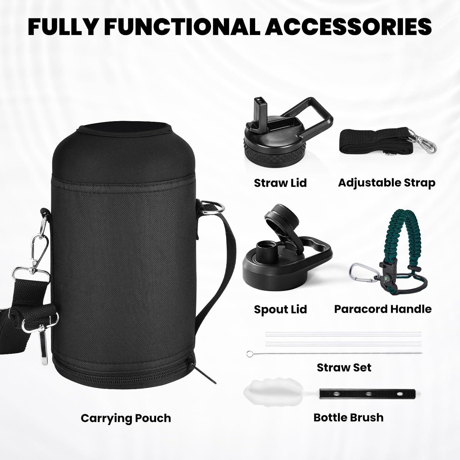 imageInsulated Water Bottle 64 oz Triple Wall Vacuum Stainless Steel Cold for 48 Hrs Leak Proof ampamp NonBPA Half Gallon Water Flask Jug with Paracord Handle ampamp Straw Spout LidsDark Green