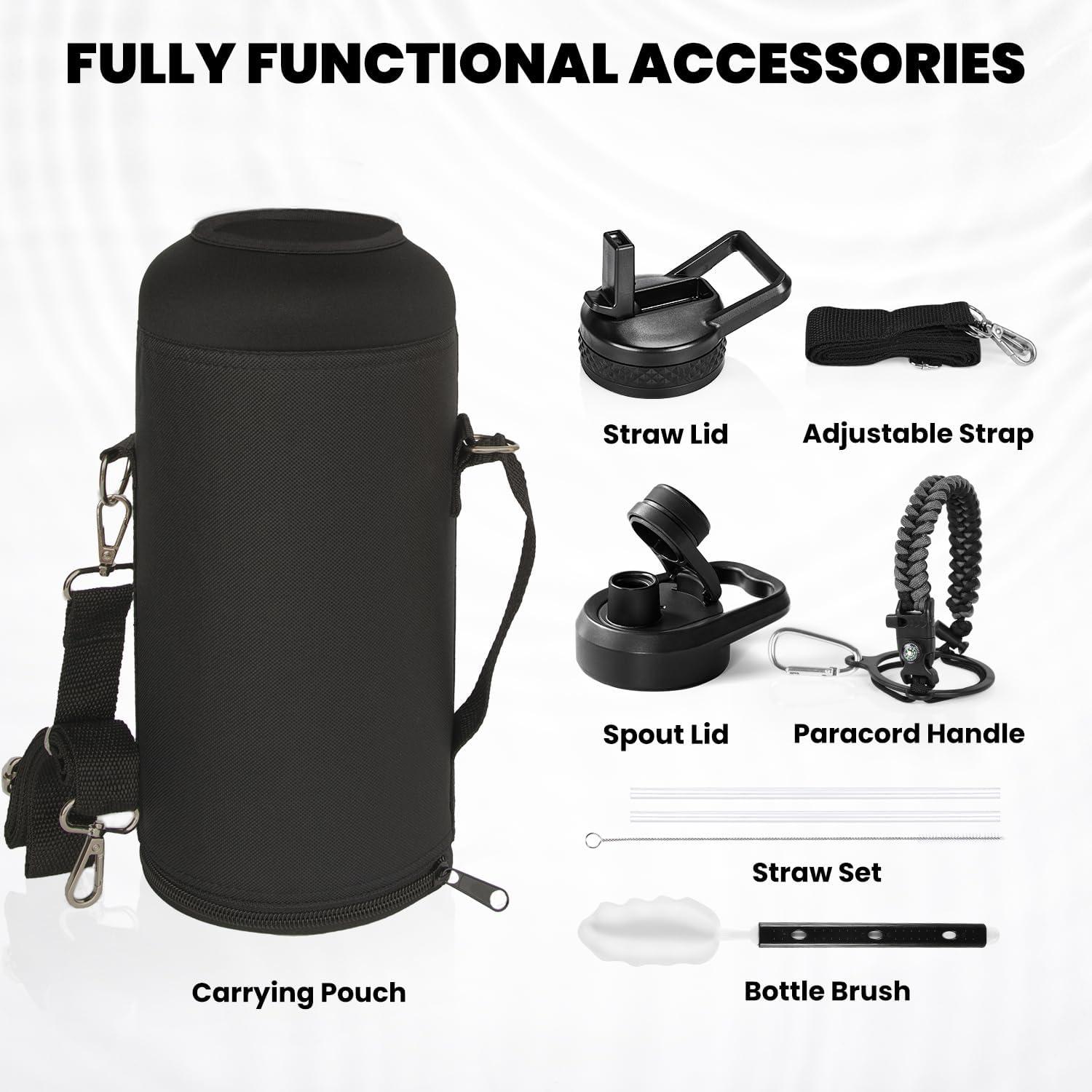 imageInsulated Water Bottle 64 oz Triple Wall Vacuum Stainless Steel Cold for 48 Hrs Leak Proof ampamp NonBPA Half Gallon Water Flask Jug with Paracord Handle ampamp Straw Spout LidsDark Gray