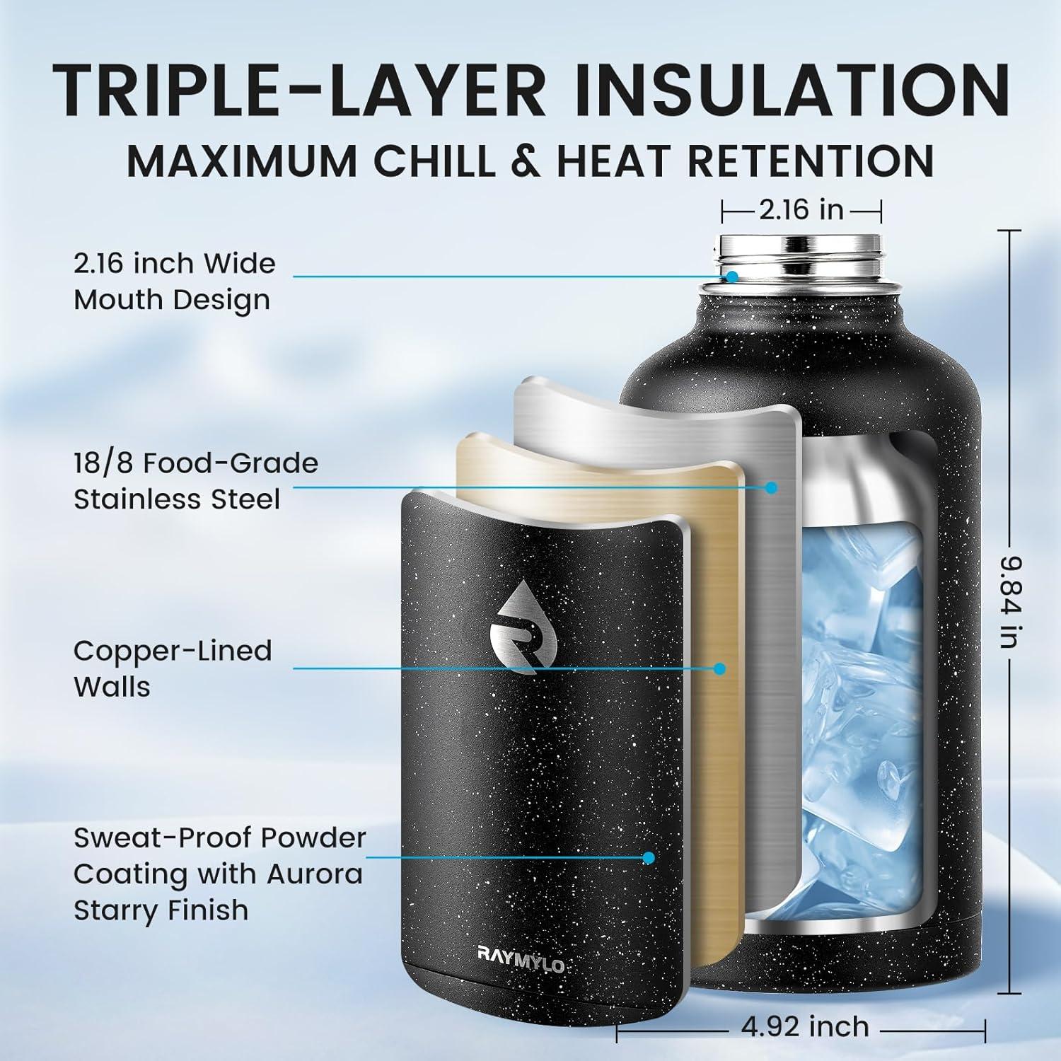 imageInsulated Water Bottle 64 oz Triple Wall Vacuum Stainless Steel Cold for 48 Hrs Leak Proof ampamp NonBPA Half Gallon Water Flask Jug with Paracord Handle ampamp Straw Spout LidsStarry SkyBlack