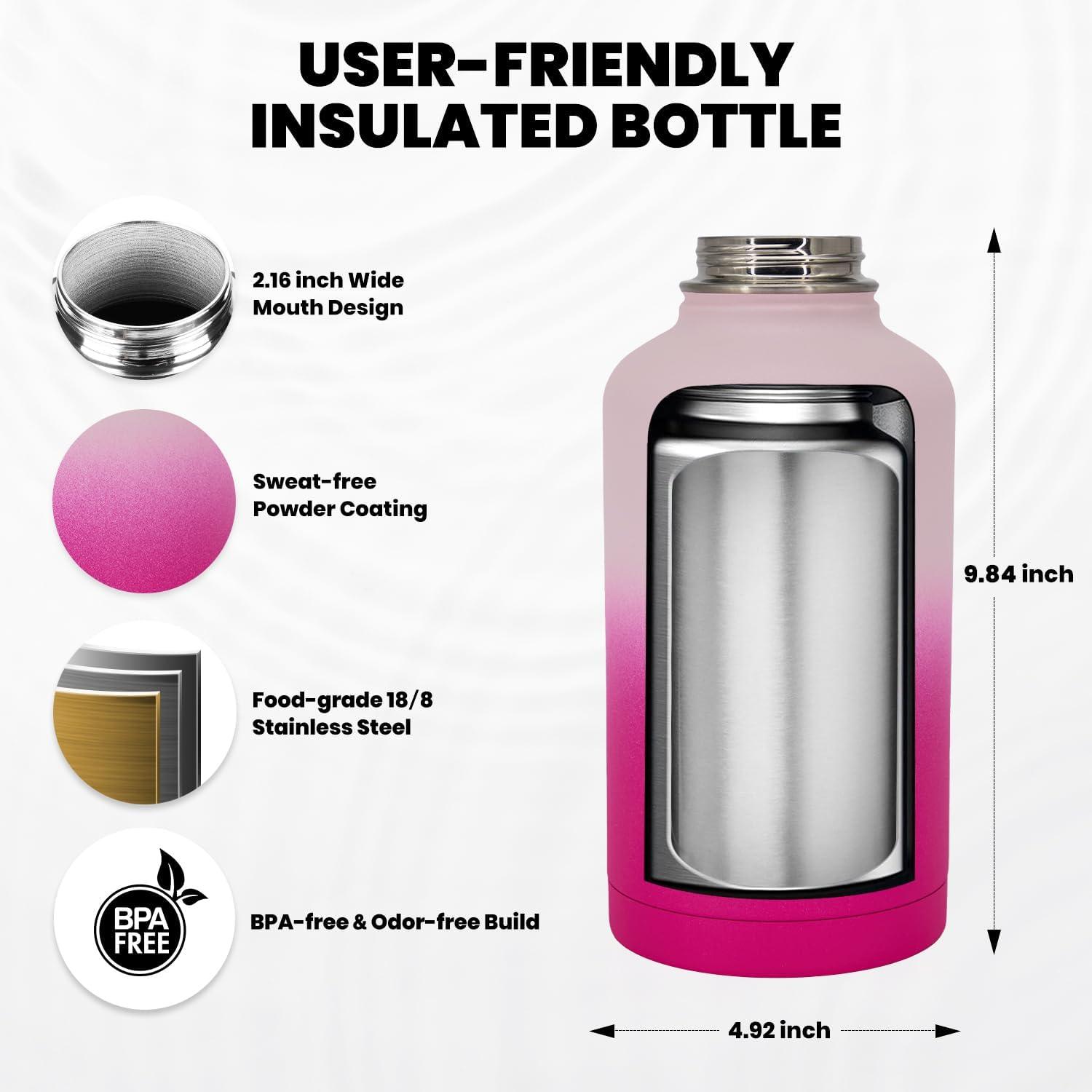 imageInsulated Water Bottle 64 oz Triple Wall Vacuum Stainless Steel Cold for 48 Hrs Leak Proof ampamp NonBPA Half Gallon Water Flask Jug with Paracord Handle ampamp Straw Spout LidsOmbre Pink