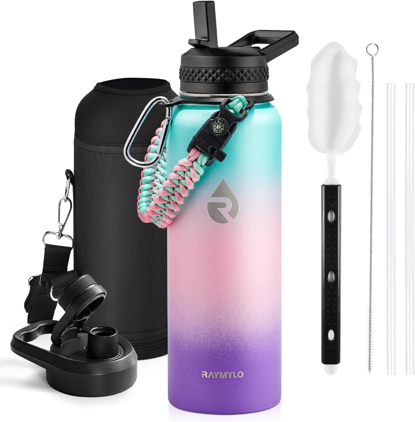 imageInsulated Water Bottle 64 oz Triple Wall Vacuum Stainless Steel Cold for 48 Hrs Leak Proof ampamp NonBPA Half Gallon Water Flask Jug with Paracord Handle ampamp Straw Spout LidsHydrangea