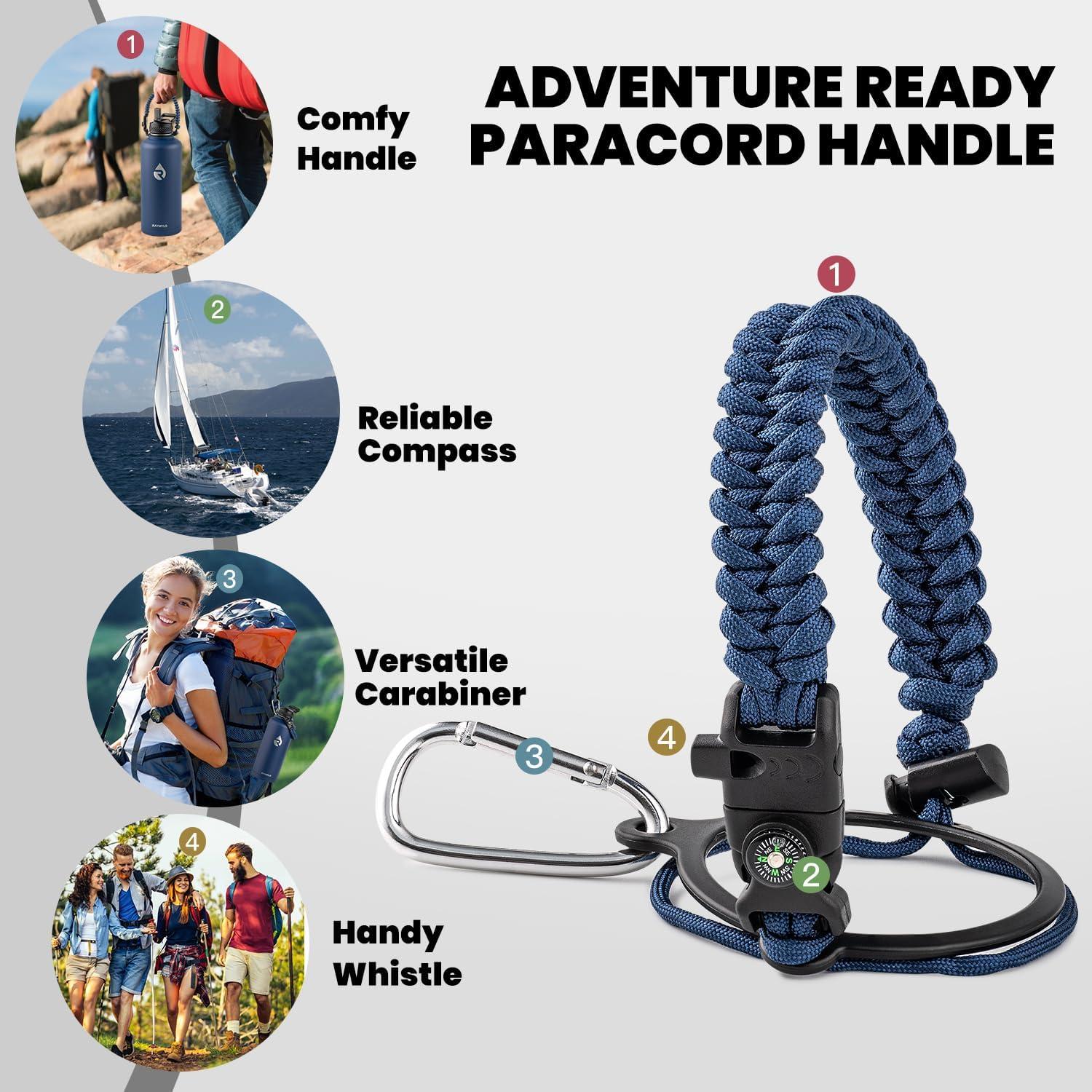 imageInsulated Water Bottle 64 oz Triple Wall Vacuum Stainless Steel Cold for 48 Hrs Leak Proof ampamp NonBPA Half Gallon Water Flask Jug with Paracord Handle ampamp Straw Spout LidsNavy Blue