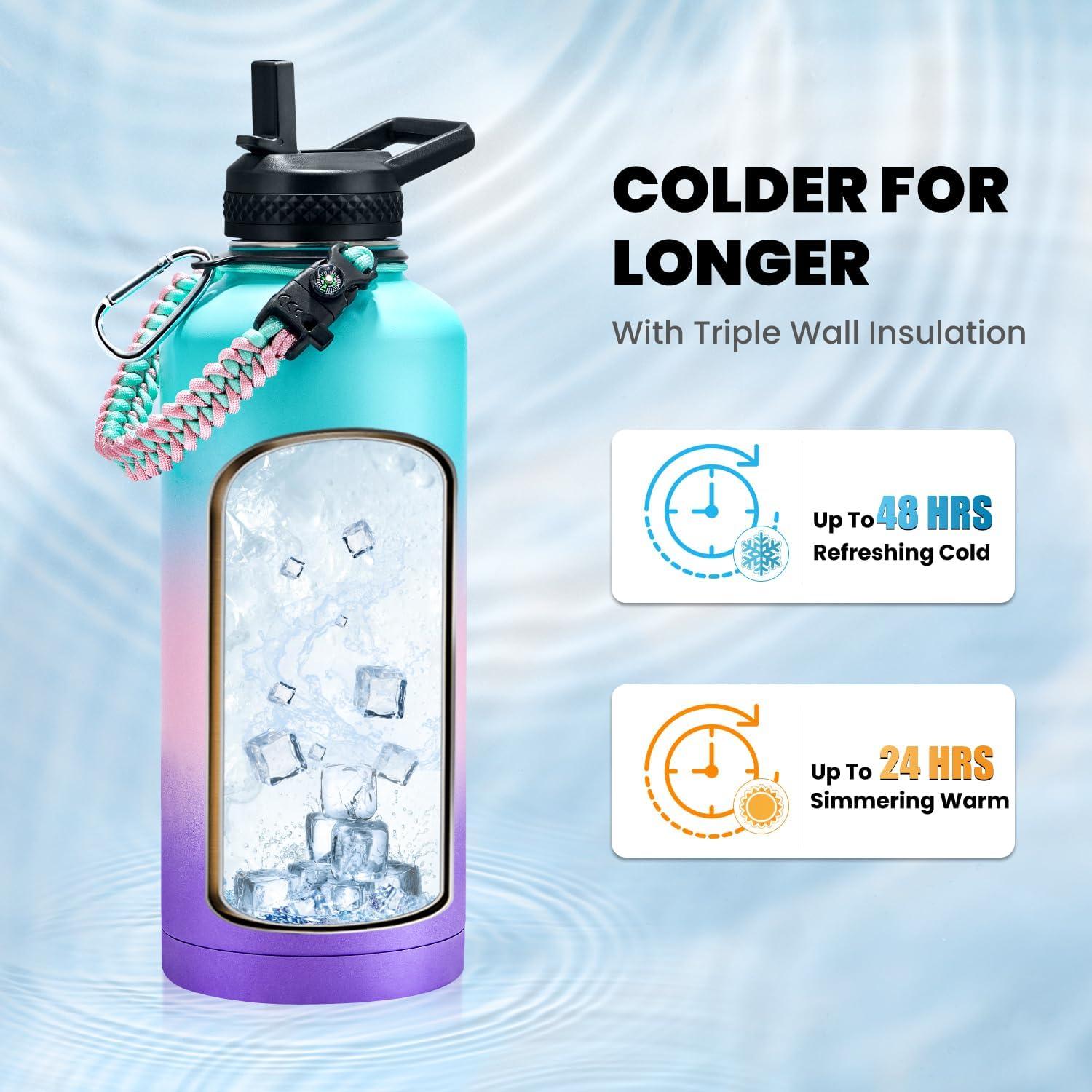 imageInsulated Water Bottle 64 oz Triple Wall Vacuum Stainless Steel Cold for 48 Hrs Leak Proof ampamp NonBPA Half Gallon Water Flask Jug with Paracord Handle ampamp Straw Spout LidsHydrangea