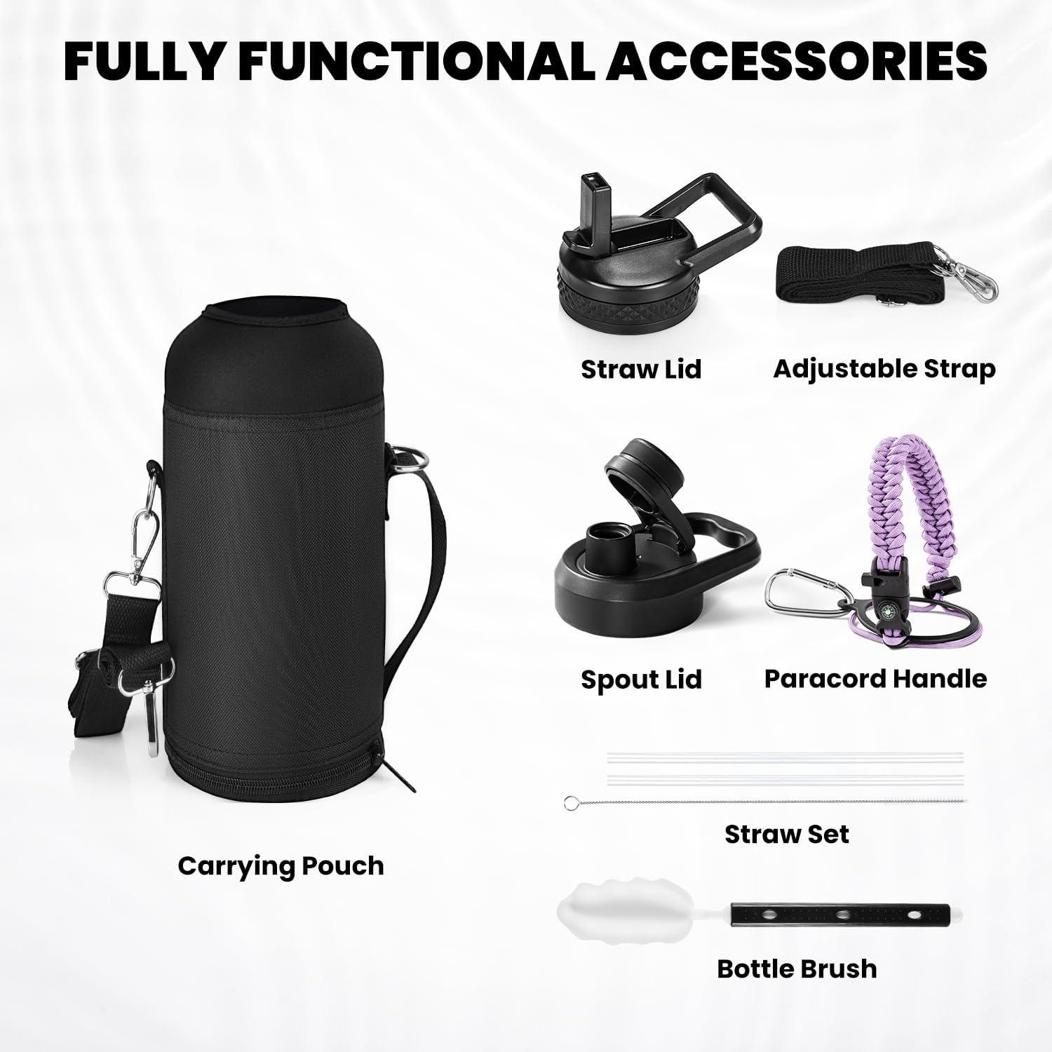 imageInsulated Water Bottle 64 oz Triple Wall Vacuum Stainless Steel Cold for 48 Hrs Leak Proof ampamp NonBPA Half Gallon Water Flask Jug with Paracord Handle ampamp Straw Spout LidsLilac