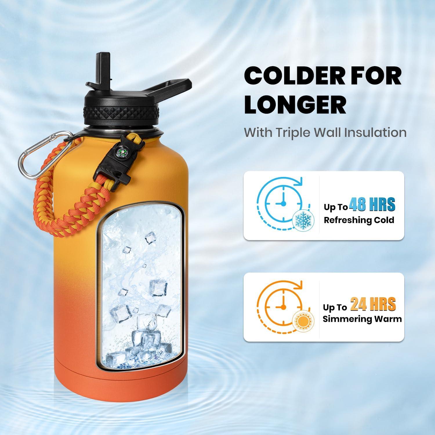 imageInsulated Water Bottle 64 oz Triple Wall Vacuum Stainless Steel Cold for 48 Hrs Leak Proof ampamp NonBPA Half Gallon Water Flask Jug with Paracord Handle ampamp Straw Spout LidsOmbre Orange