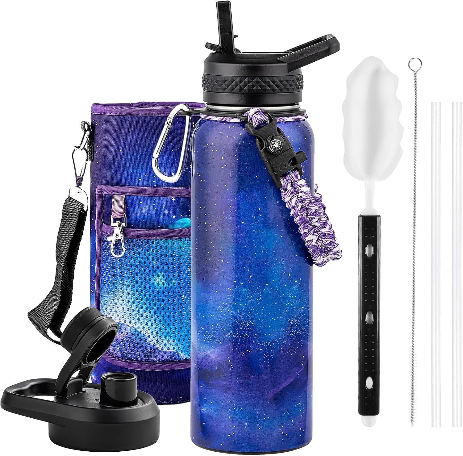 imageInsulated Water Bottle 64 oz Triple Wall Vacuum Stainless Steel Cold for 48 Hrs Leak Proof ampamp NonBPA Half Gallon Water Flask Jug with Paracord Handle ampamp Straw Spout LidsAuroraPurple