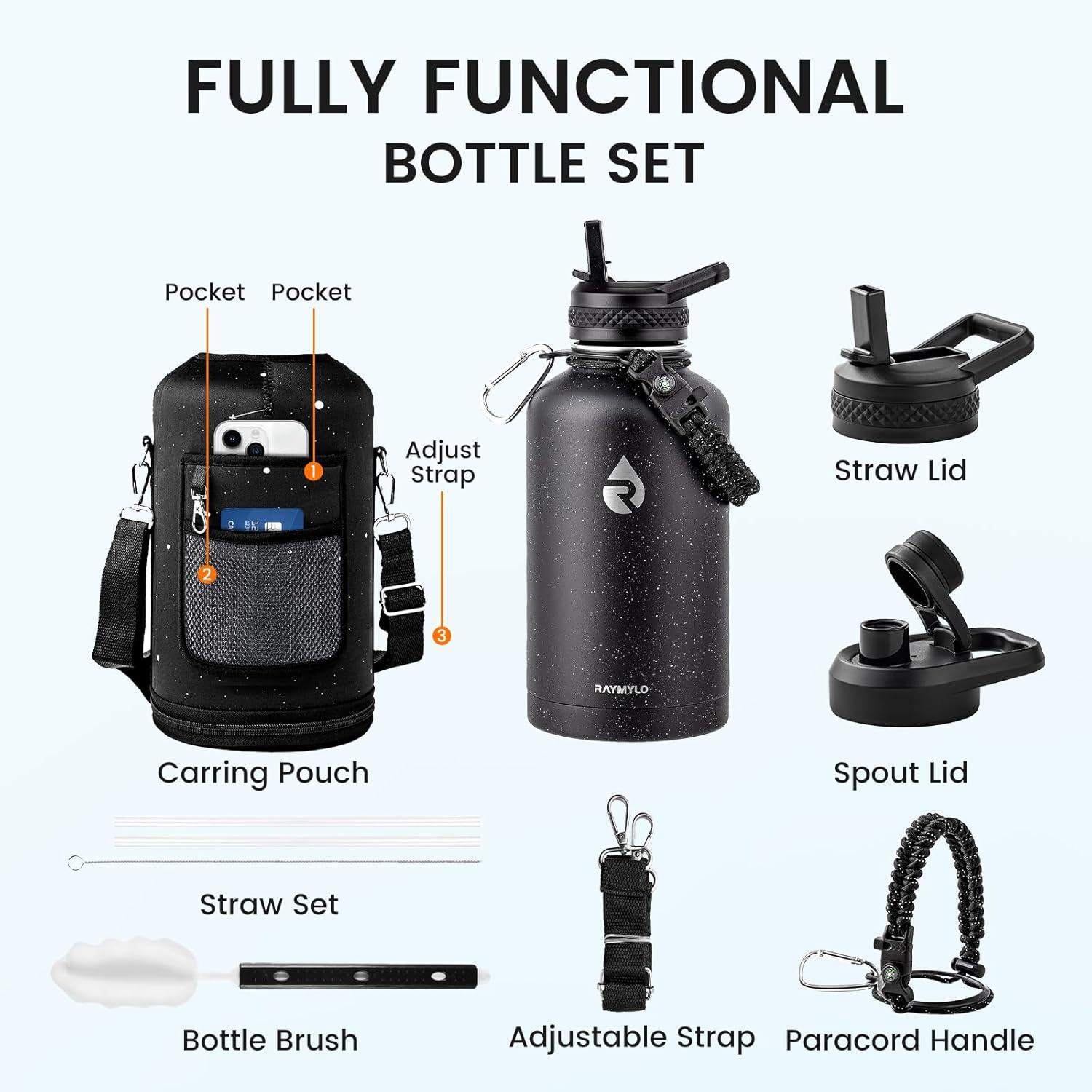 imageInsulated Water Bottle 64 oz Triple Wall Vacuum Stainless Steel Cold for 48 Hrs Leak Proof ampamp NonBPA Half Gallon Water Flask Jug with Paracord Handle ampamp Straw Spout LidsStarry SkyBlack