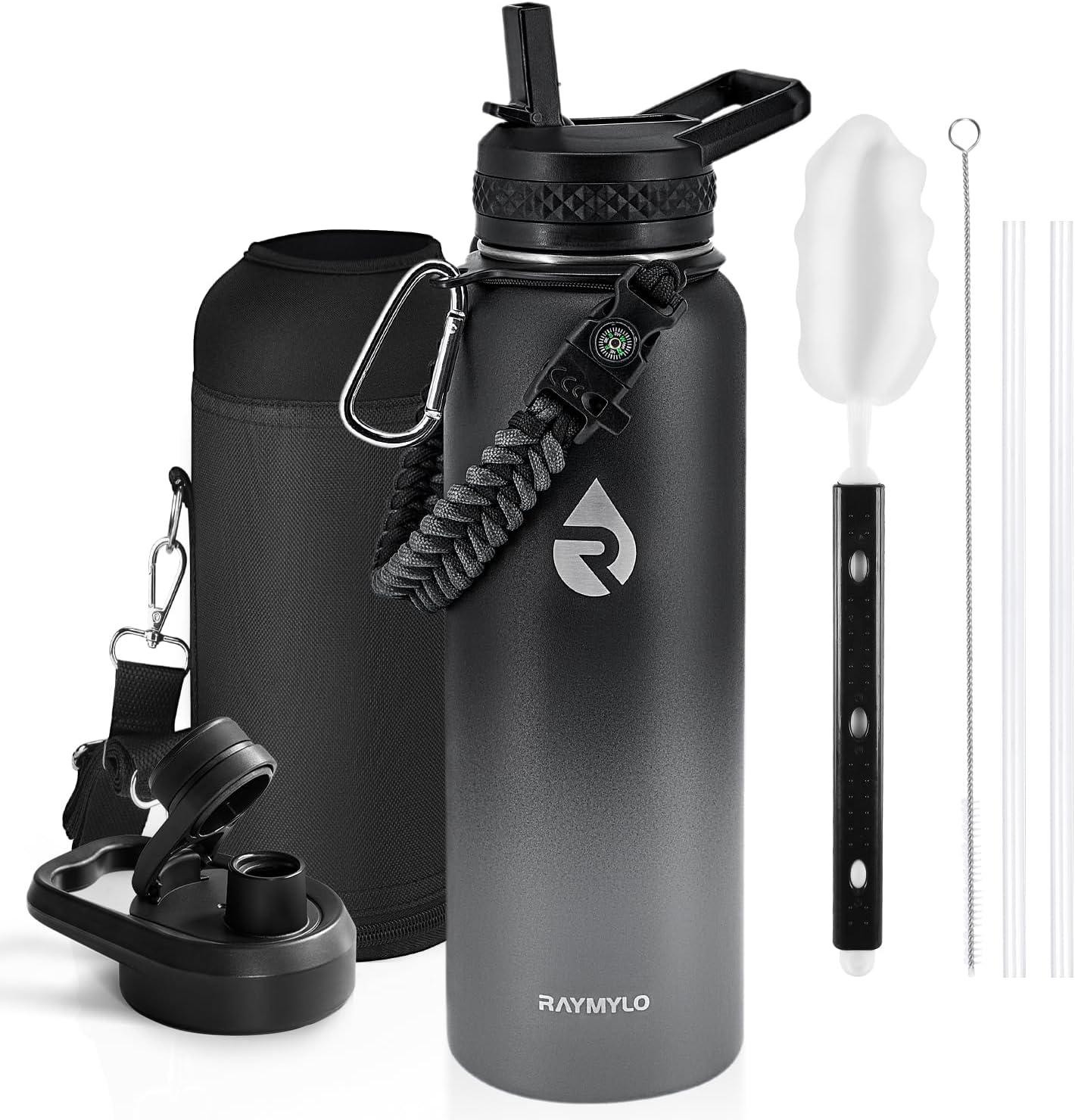 imageInsulated Water Bottle 64 oz Triple Wall Vacuum Stainless Steel Cold for 48 Hrs Leak Proof ampamp NonBPA Half Gallon Water Flask Jug with Paracord Handle ampamp Straw Spout LidsDark Gray