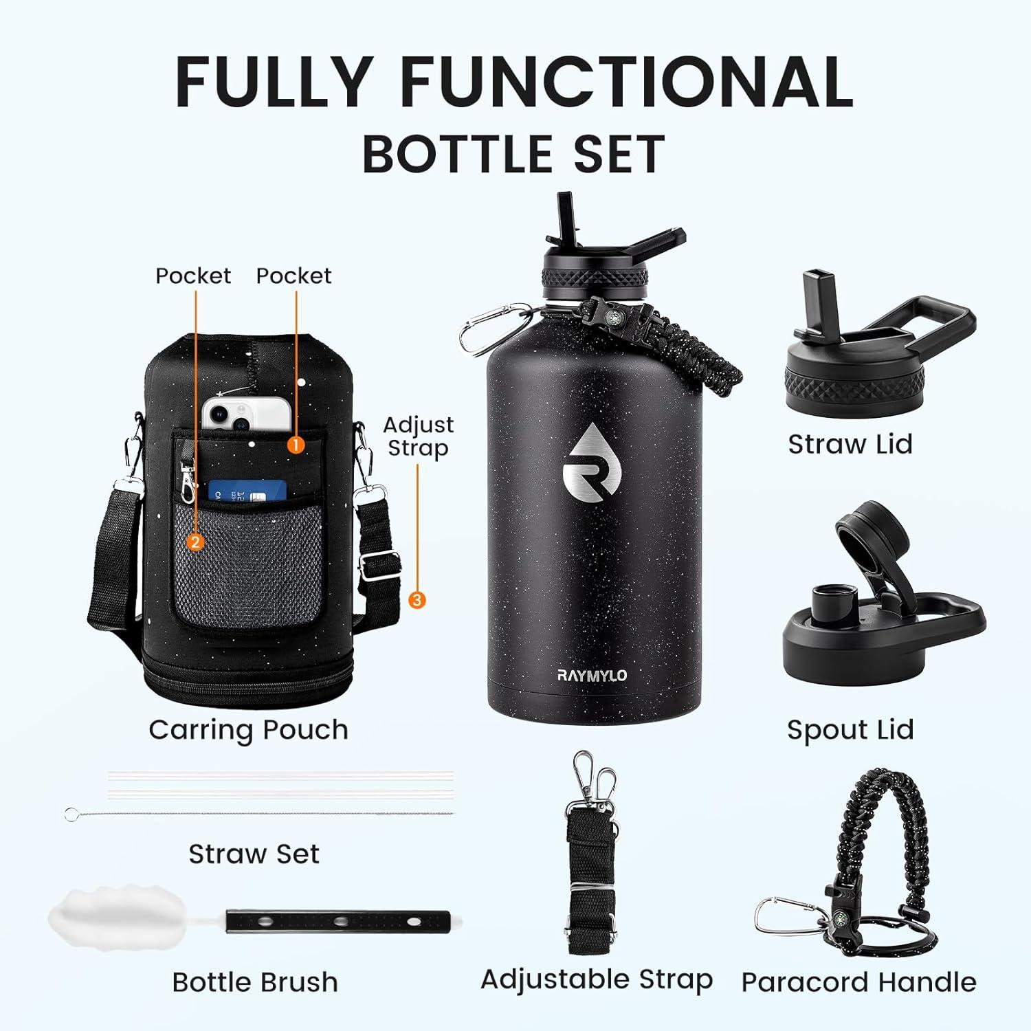 imageInsulated Water Bottle 64 oz Triple Wall Vacuum Stainless Steel Cold for 48 Hrs Leak Proof ampamp NonBPA Half Gallon Water Flask Jug with Paracord Handle ampamp Straw Spout LidsStarry SkyBlack