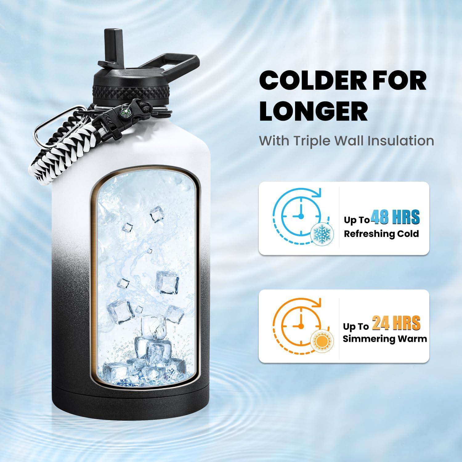 imageInsulated Water Bottle 64 oz Triple Wall Vacuum Stainless Steel Cold for 48 Hrs Leak Proof ampamp NonBPA Half Gallon Water Flask Jug with Paracord Handle ampamp Straw Spout LidsOmbre WhiteBlack