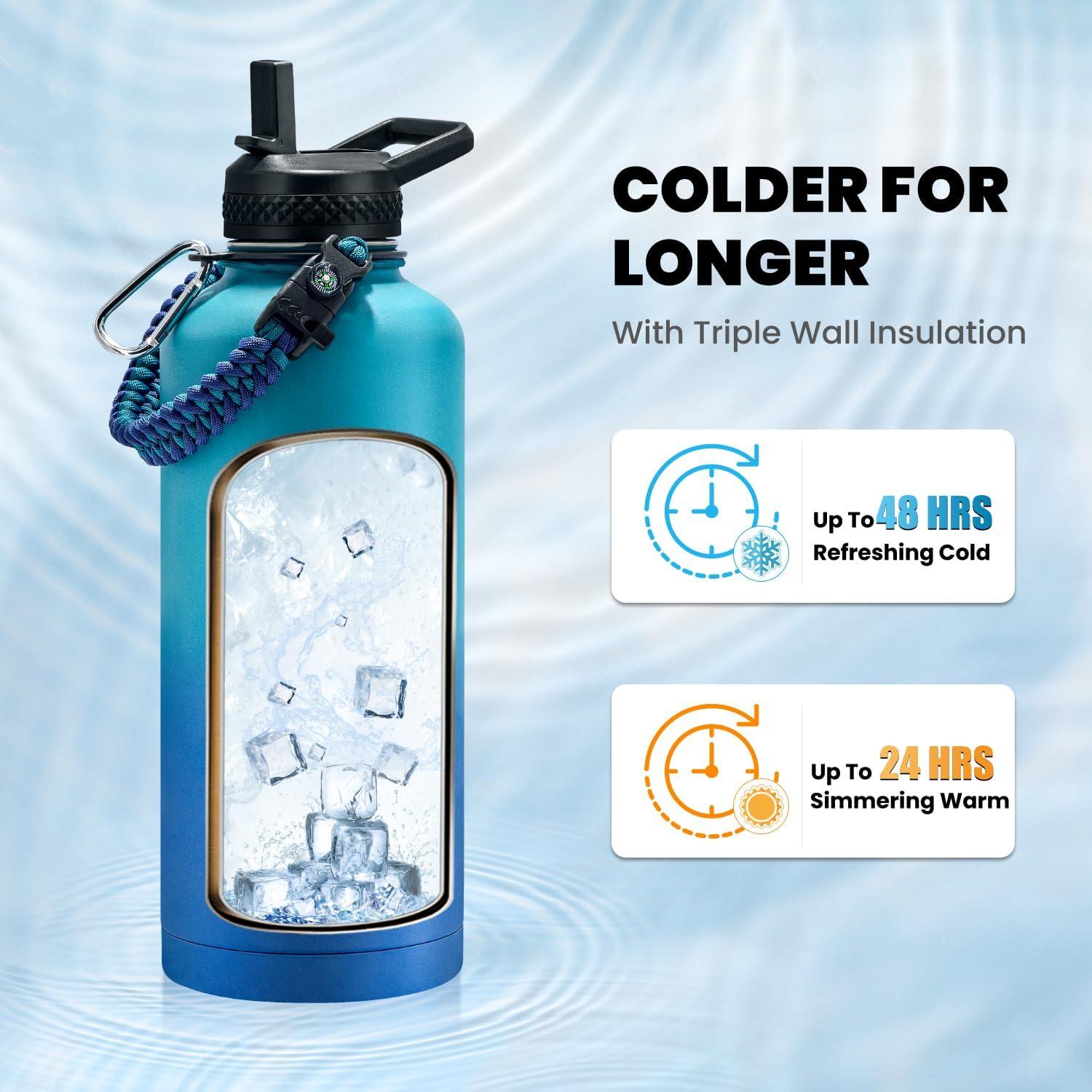 imageInsulated Water Bottle 64 oz Triple Wall Vacuum Stainless Steel Cold for 48 Hrs Leak Proof ampamp NonBPA Half Gallon Water Flask Jug with Paracord Handle ampamp Straw Spout LidsCyan Blue