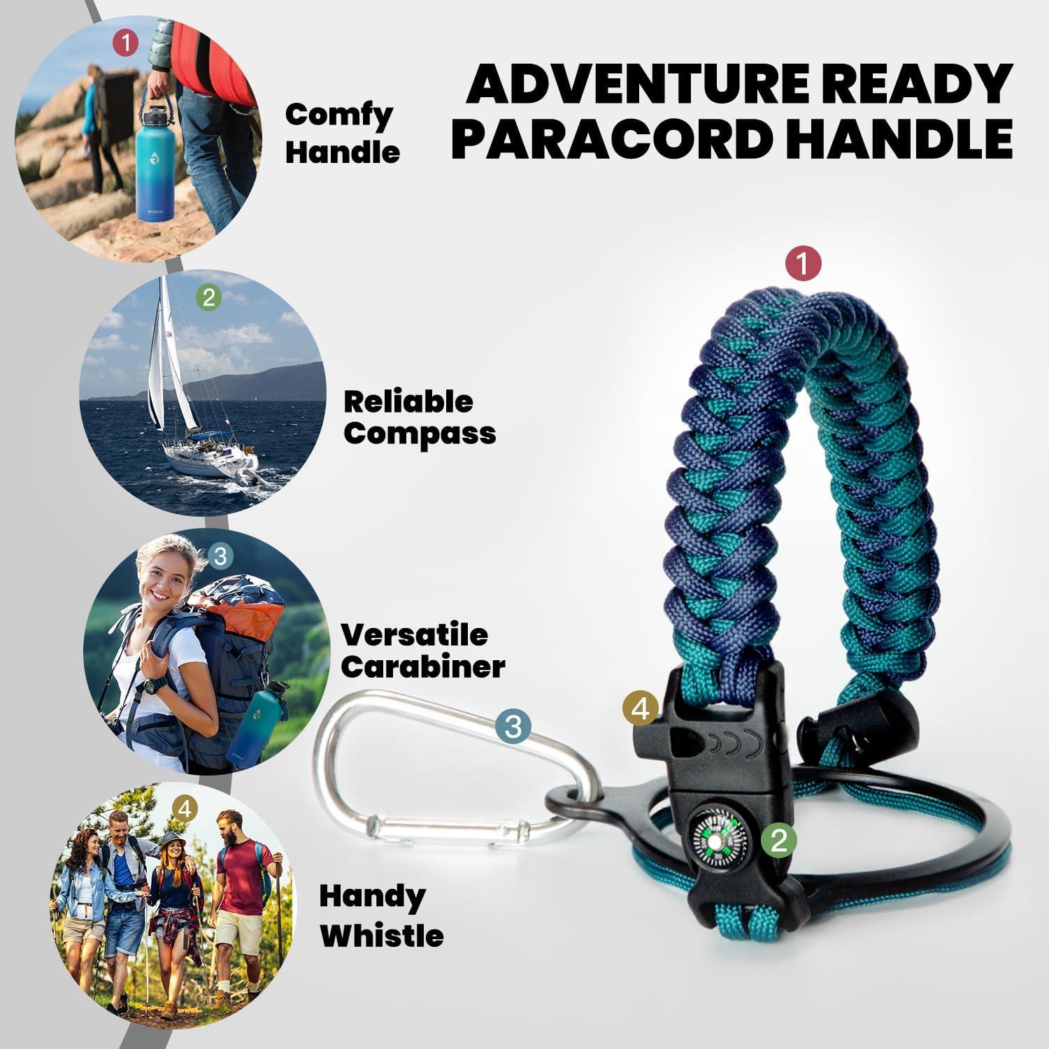 imageInsulated Water Bottle 64 oz Triple Wall Vacuum Stainless Steel Cold for 48 Hrs Leak Proof ampamp NonBPA Half Gallon Water Flask Jug with Paracord Handle ampamp Straw Spout LidsCyan Blue