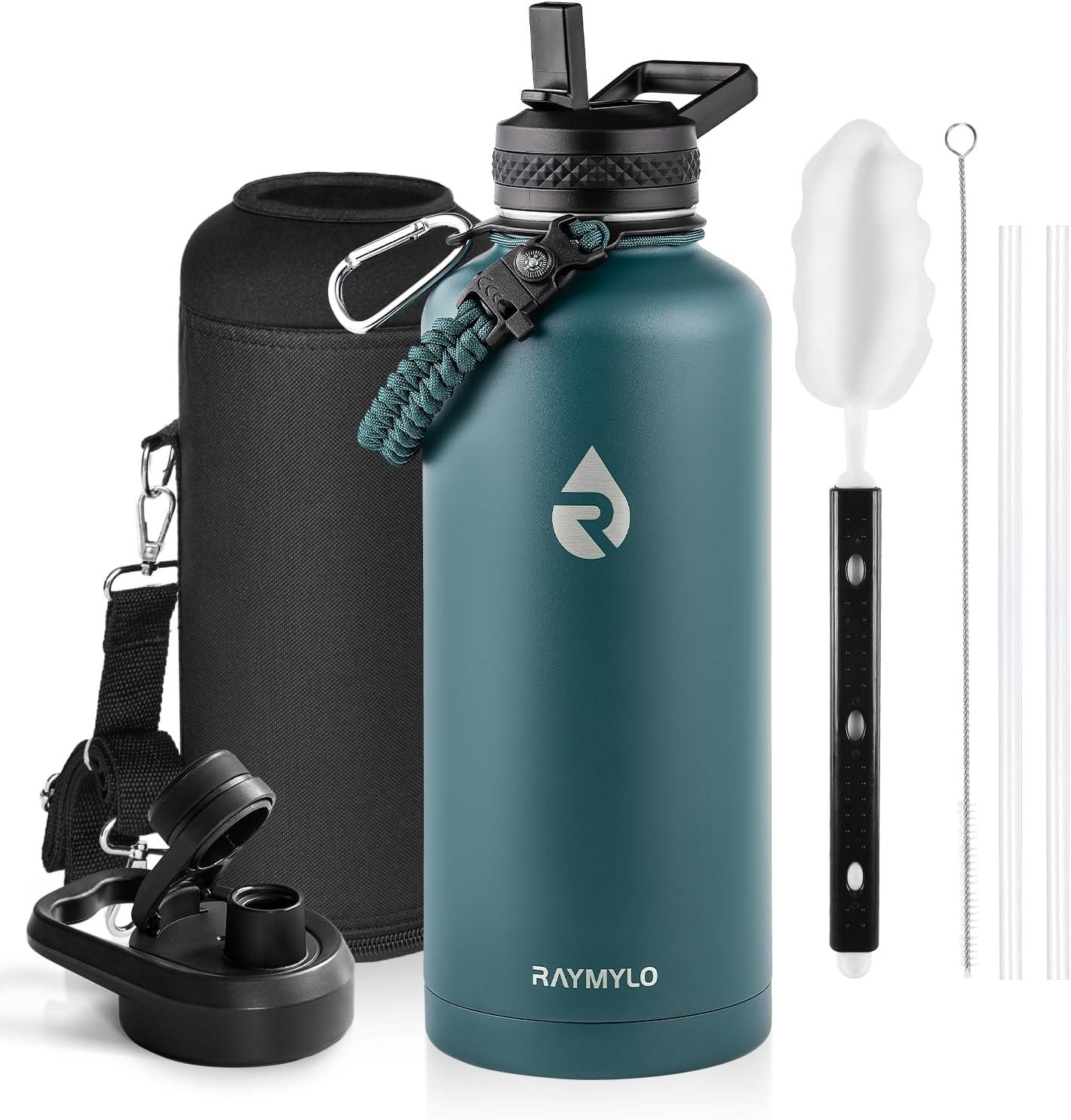 imageInsulated Water Bottle 64 oz Triple Wall Vacuum Stainless Steel Cold for 48 Hrs Leak Proof ampamp NonBPA Half Gallon Water Flask Jug with Paracord Handle ampamp Straw Spout LidsDark Green