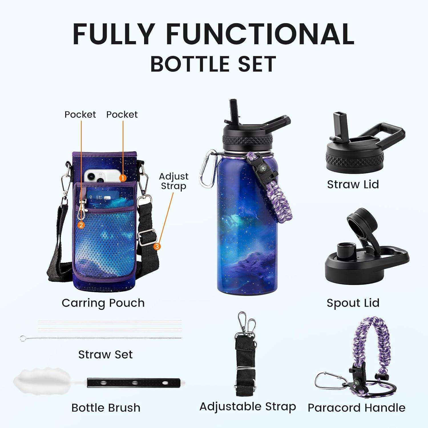 imageInsulated Water Bottle 64 oz Triple Wall Vacuum Stainless Steel Cold for 48 Hrs Leak Proof ampamp NonBPA Half Gallon Water Flask Jug with Paracord Handle ampamp Straw Spout LidsAuroraPurple