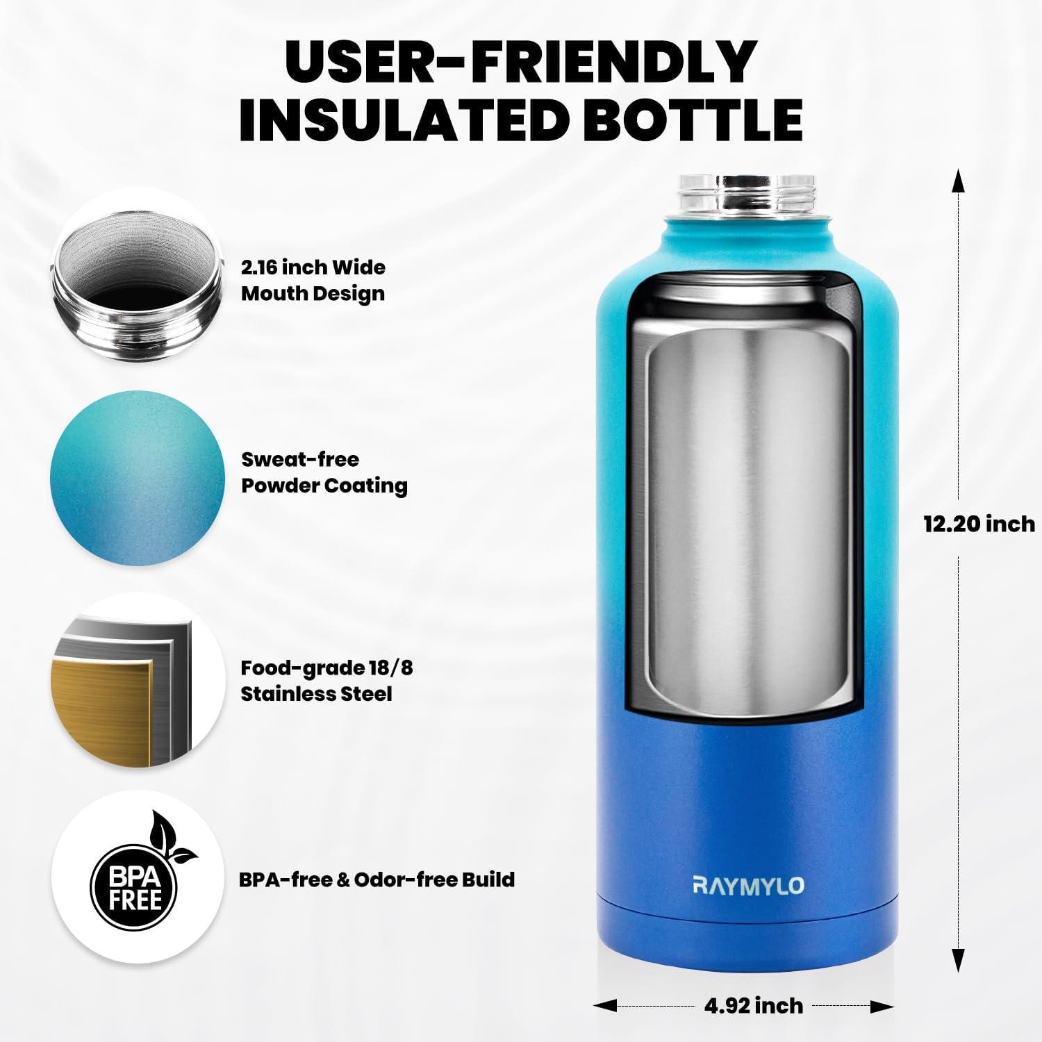 imageInsulated Water Bottle 64 oz Triple Wall Vacuum Stainless Steel Cold for 48 Hrs Leak Proof ampamp NonBPA Half Gallon Water Flask Jug with Paracord Handle ampamp Straw Spout LidsCyan Blue