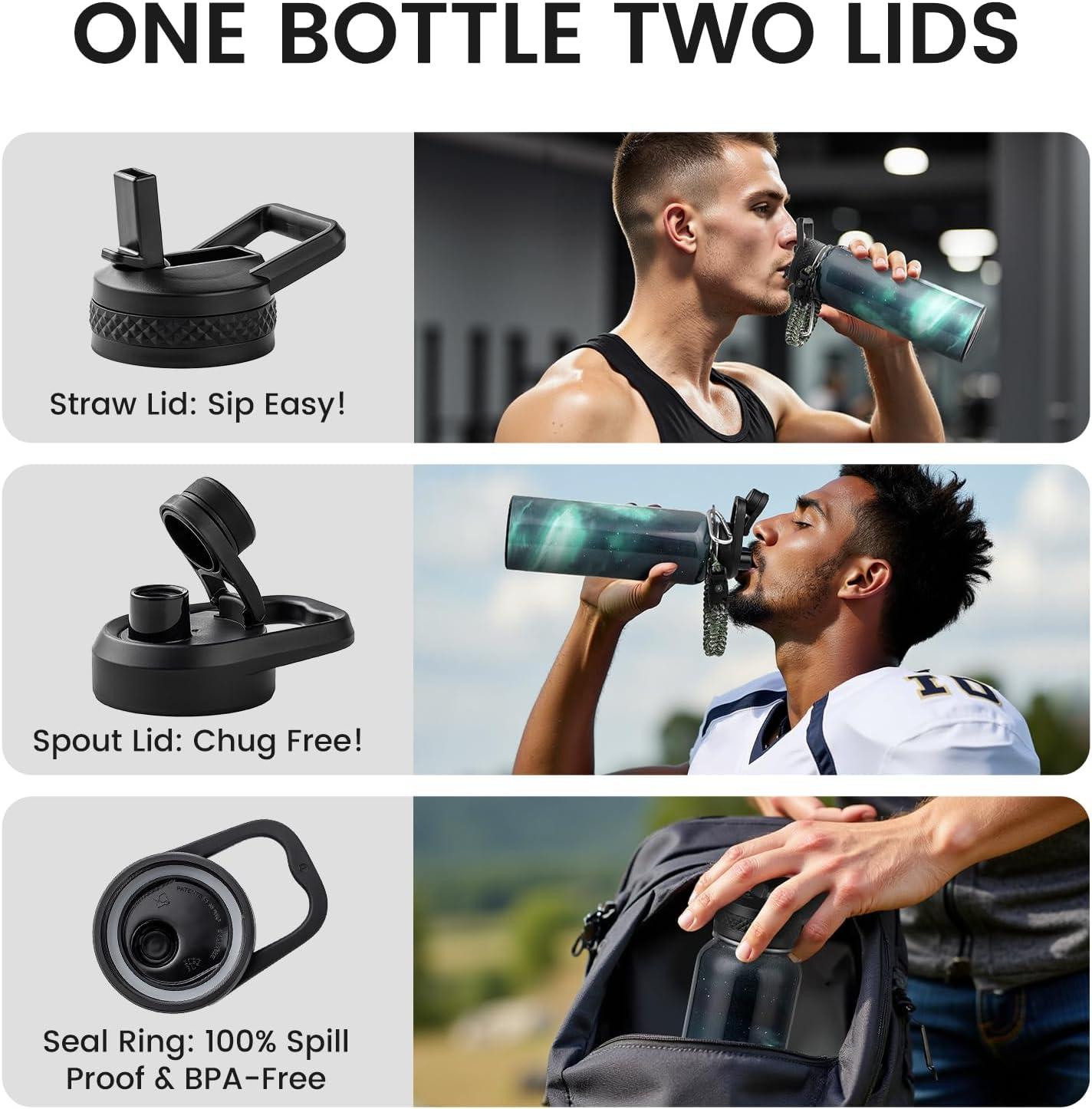 imageInsulated Water Bottle 64 oz Triple Wall Vacuum Stainless Steel Cold for 48 Hrs Leak Proof ampamp NonBPA Half Gallon Water Flask Jug with Paracord Handle ampamp Straw Spout LidsAuroraGreen