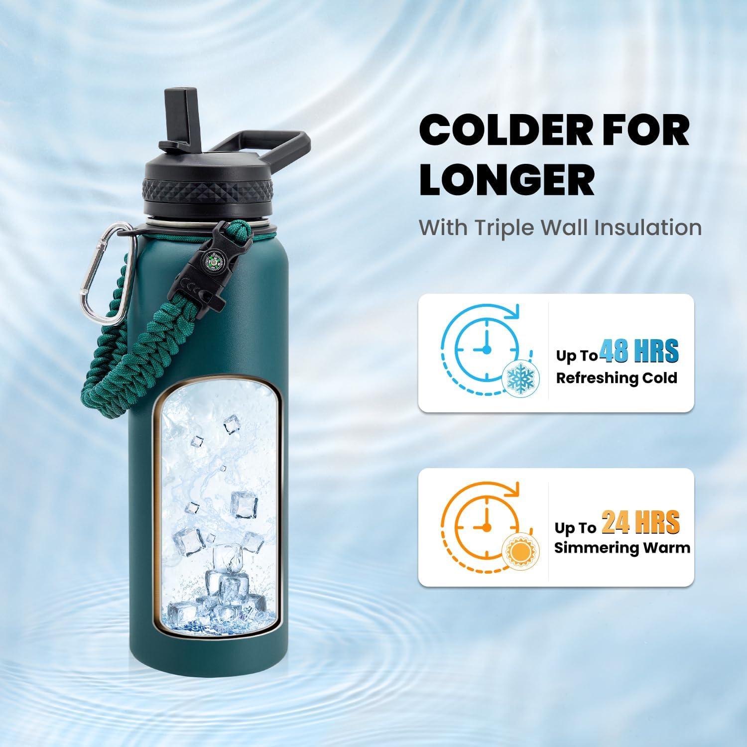 imageInsulated Water Bottle 64 oz Triple Wall Vacuum Stainless Steel Cold for 48 Hrs Leak Proof ampamp NonBPA Half Gallon Water Flask Jug with Paracord Handle ampamp Straw Spout LidsDark Green