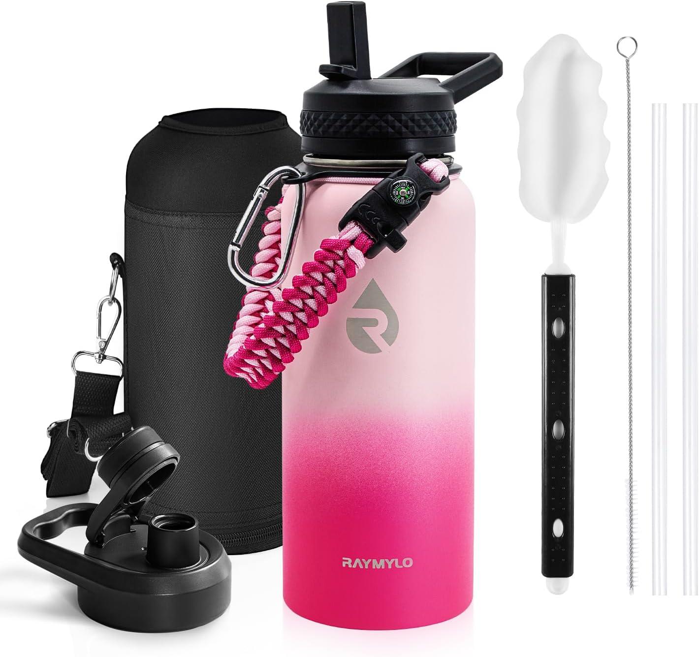 imageInsulated Water Bottle 64 oz Triple Wall Vacuum Stainless Steel Cold for 48 Hrs Leak Proof ampamp NonBPA Half Gallon Water Flask Jug with Paracord Handle ampamp Straw Spout LidsOmbre Pink