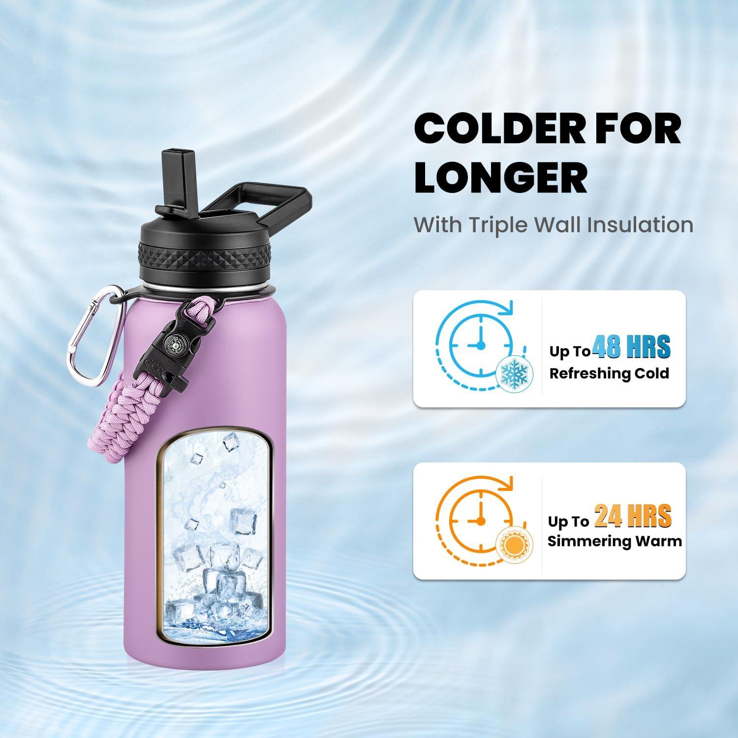 imageInsulated Water Bottle 64 oz Triple Wall Vacuum Stainless Steel Cold for 48 Hrs Leak Proof ampamp NonBPA Half Gallon Water Flask Jug with Paracord Handle ampamp Straw Spout LidsLilac