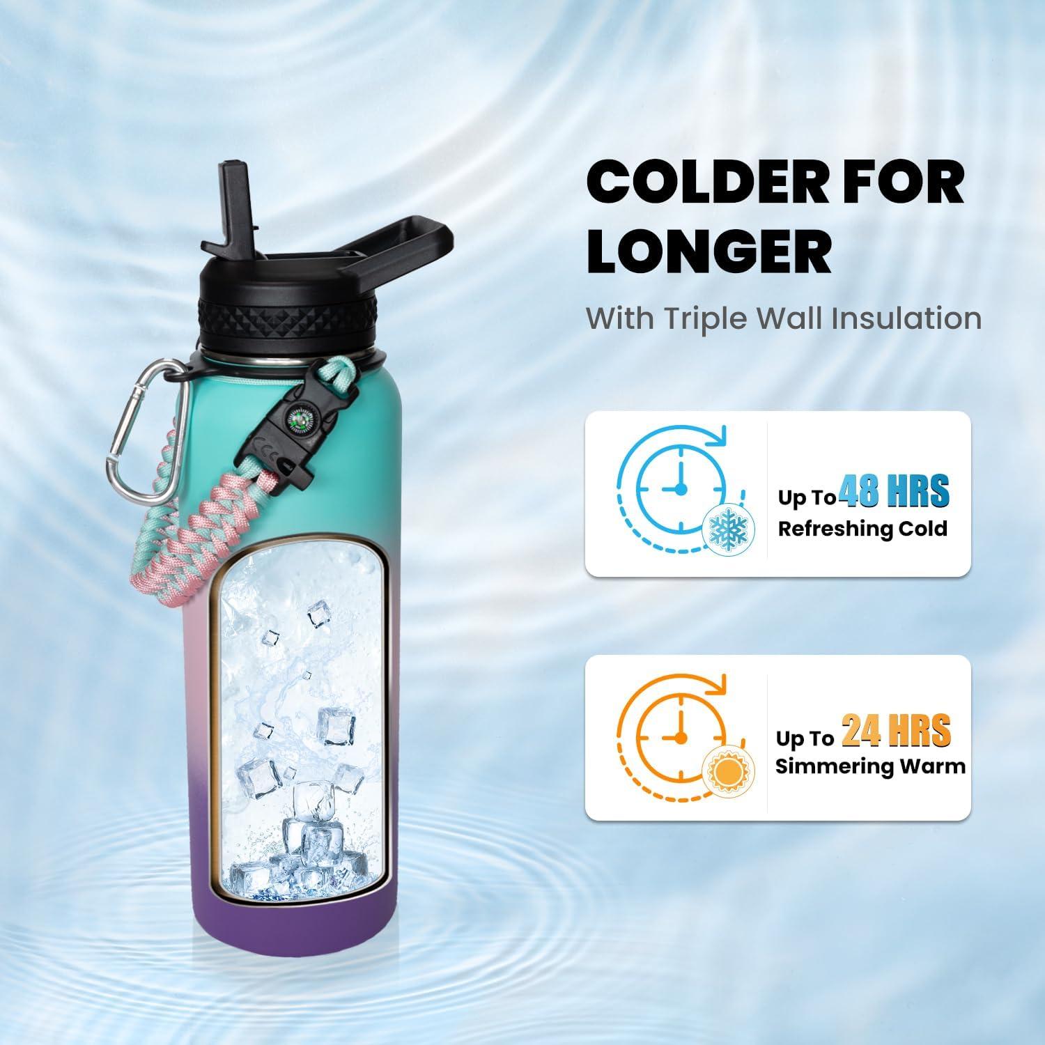 imageInsulated Water Bottle 64 oz Triple Wall Vacuum Stainless Steel Cold for 48 Hrs Leak Proof ampamp NonBPA Half Gallon Water Flask Jug with Paracord Handle ampamp Straw Spout LidsHydrangea