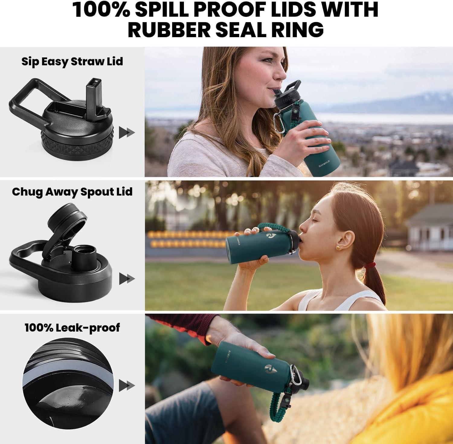 imageInsulated Water Bottle 64 oz Triple Wall Vacuum Stainless Steel Cold for 48 Hrs Leak Proof ampamp NonBPA Half Gallon Water Flask Jug with Paracord Handle ampamp Straw Spout LidsDark Green