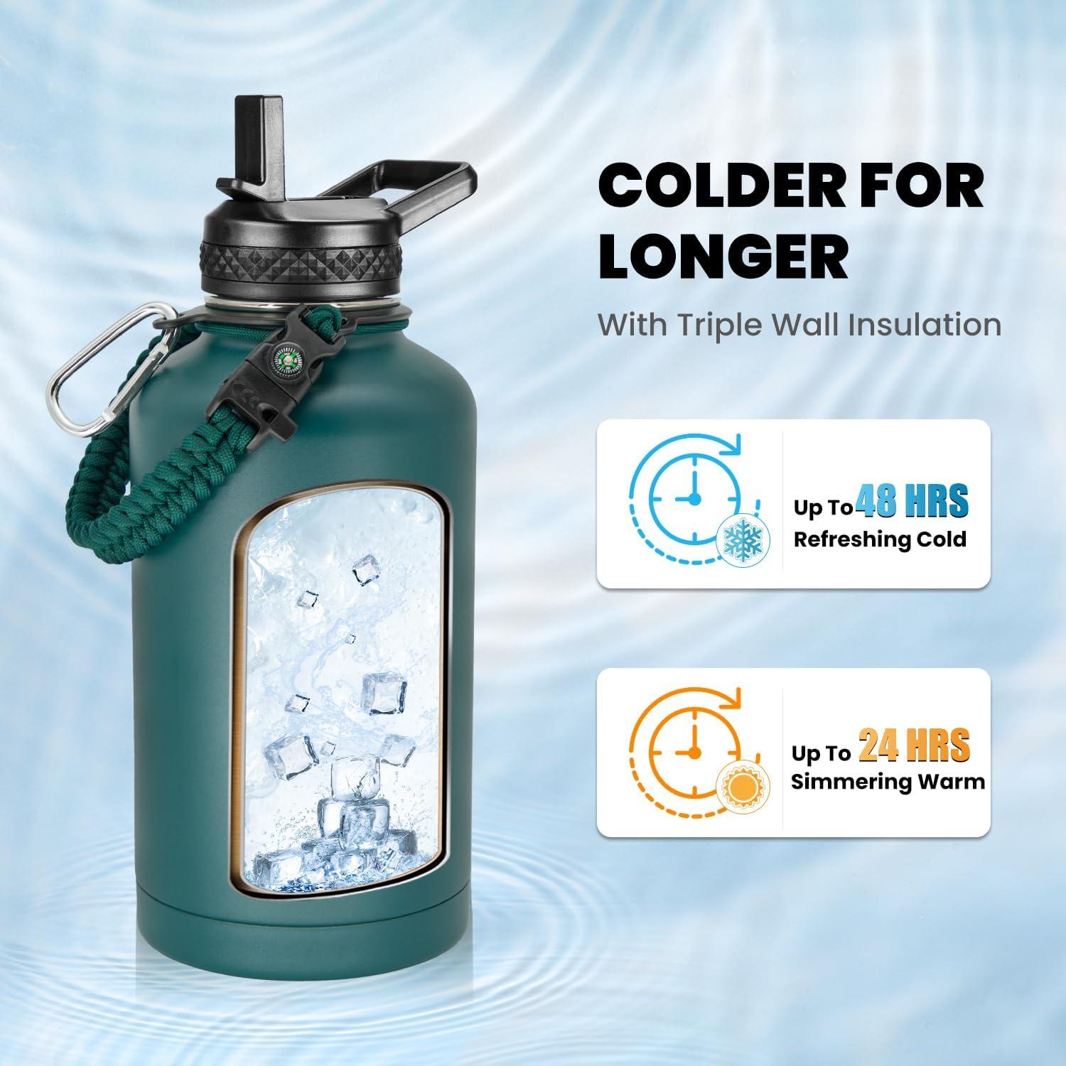imageInsulated Water Bottle 64 oz Triple Wall Vacuum Stainless Steel Cold for 48 Hrs Leak Proof ampamp NonBPA Half Gallon Water Flask Jug with Paracord Handle ampamp Straw Spout LidsDark Green