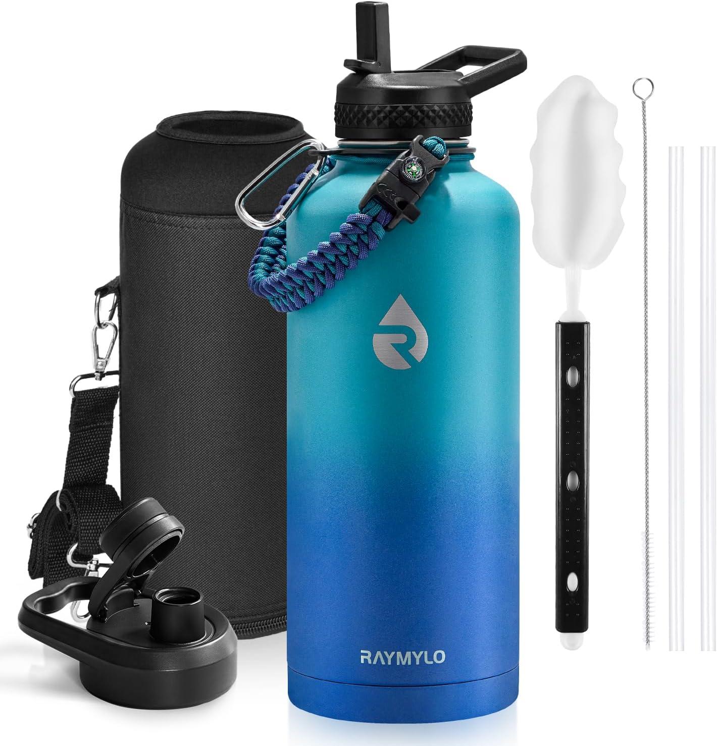 imageInsulated Water Bottle 64 oz Triple Wall Vacuum Stainless Steel Cold for 48 Hrs Leak Proof ampamp NonBPA Half Gallon Water Flask Jug with Paracord Handle ampamp Straw Spout LidsCyan Blue