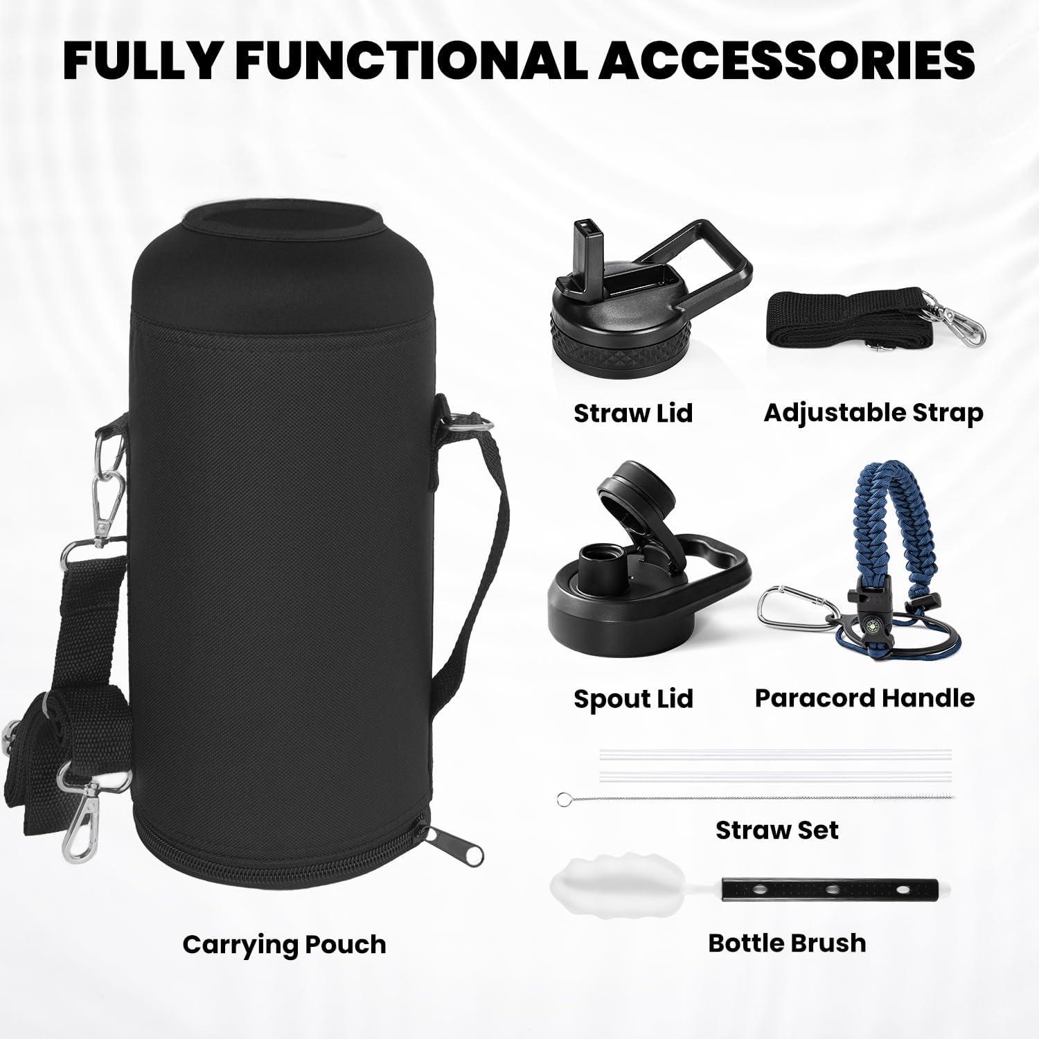 imageInsulated Water Bottle 64 oz Triple Wall Vacuum Stainless Steel Cold for 48 Hrs Leak Proof ampamp NonBPA Half Gallon Water Flask Jug with Paracord Handle ampamp Straw Spout LidsNavy Blue
