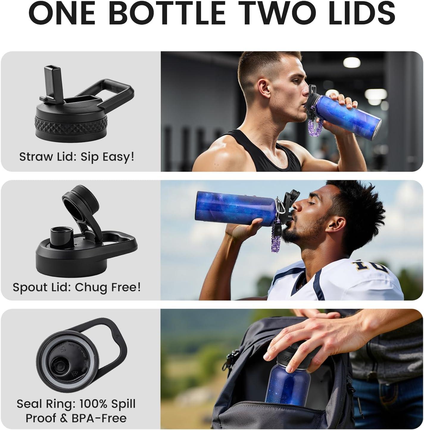 imageInsulated Water Bottle 64 oz Triple Wall Vacuum Stainless Steel Cold for 48 Hrs Leak Proof ampamp NonBPA Half Gallon Water Flask Jug with Paracord Handle ampamp Straw Spout LidsAuroraPurple