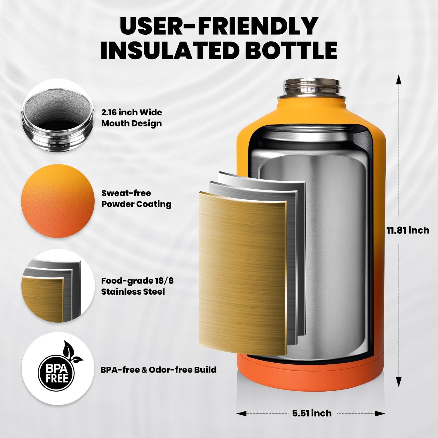 imageInsulated Water Bottle 64 oz Triple Wall Vacuum Stainless Steel Cold for 48 Hrs Leak Proof ampamp NonBPA Half Gallon Water Flask Jug with Paracord Handle ampamp Straw Spout LidsOmbre Orange