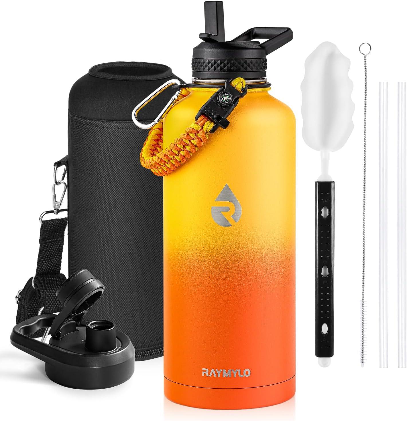 imageInsulated Water Bottle 64 oz Triple Wall Vacuum Stainless Steel Cold for 48 Hrs Leak Proof ampamp NonBPA Half Gallon Water Flask Jug with Paracord Handle ampamp Straw Spout LidsOmbre Orange
