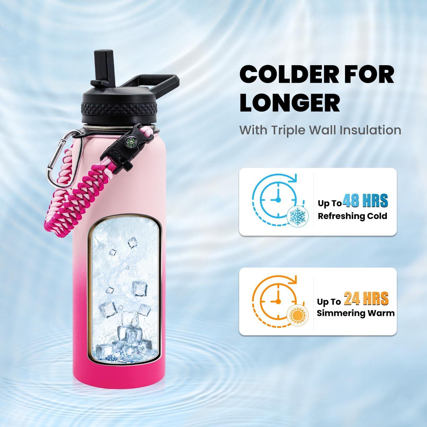 imageInsulated Water Bottle 64 oz Triple Wall Vacuum Stainless Steel Cold for 48 Hrs Leak Proof ampamp NonBPA Half Gallon Water Flask Jug with Paracord Handle ampamp Straw Spout LidsOmbre Pink
