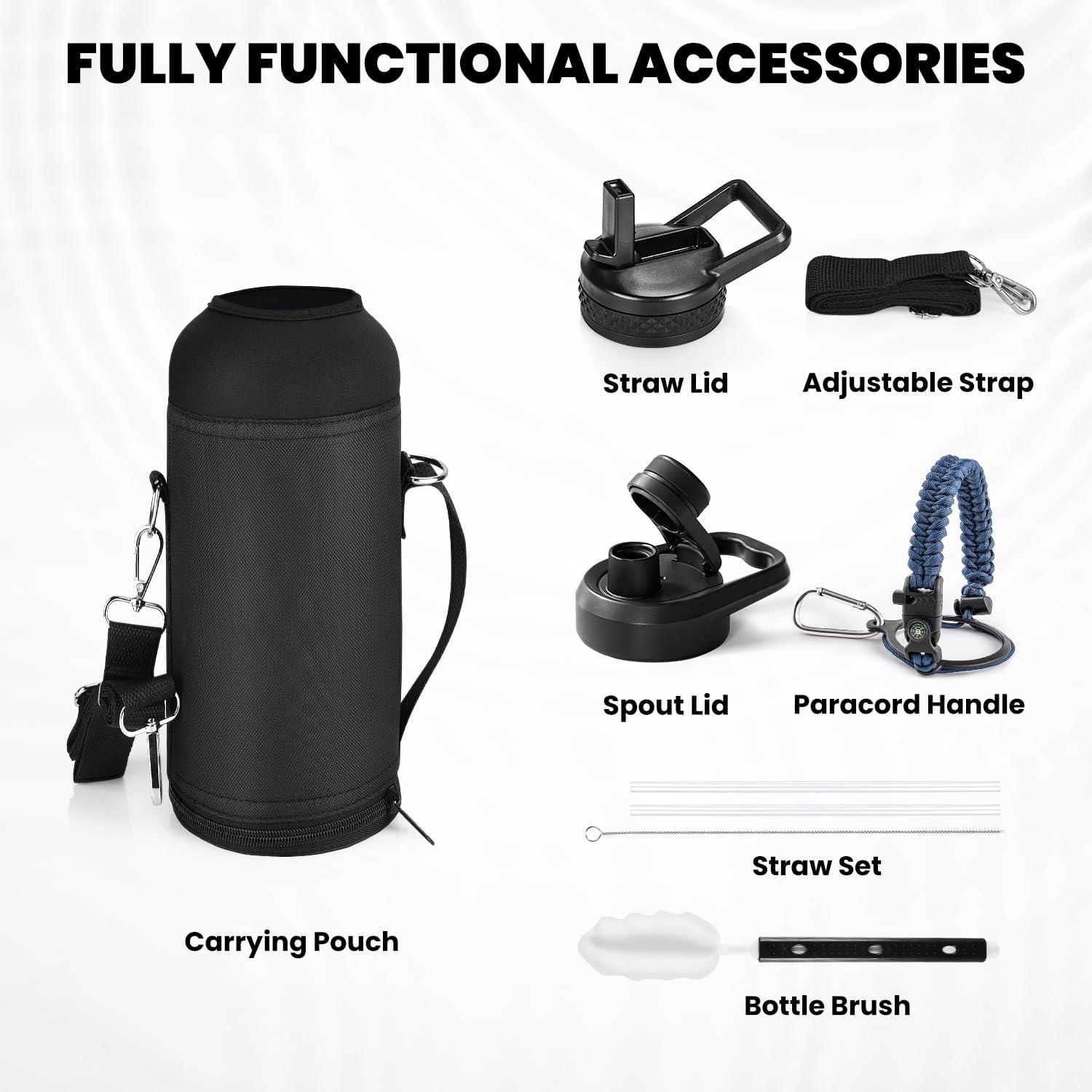 imageInsulated Water Bottle 64 oz Triple Wall Vacuum Stainless Steel Cold for 48 Hrs Leak Proof ampamp NonBPA Half Gallon Water Flask Jug with Paracord Handle ampamp Straw Spout LidsNavy Blue