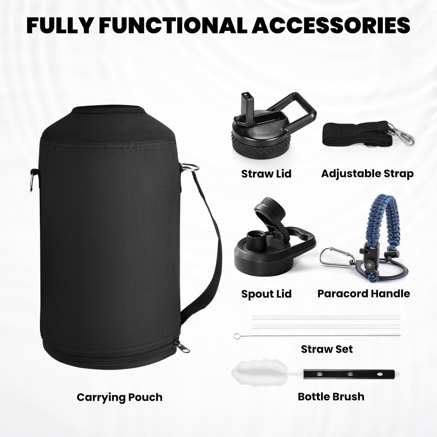 imageInsulated Water Bottle 64 oz Triple Wall Vacuum Stainless Steel Cold for 48 Hrs Leak Proof ampamp NonBPA Half Gallon Water Flask Jug with Paracord Handle ampamp Straw Spout LidsNavy Blue