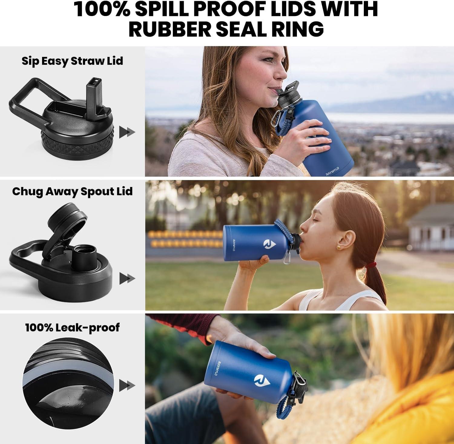 imageInsulated Water Bottle 64 oz Triple Wall Vacuum Stainless Steel Cold for 48 Hrs Leak Proof ampamp NonBPA Half Gallon Water Flask Jug with Paracord Handle ampamp Straw Spout LidsNavy Blue