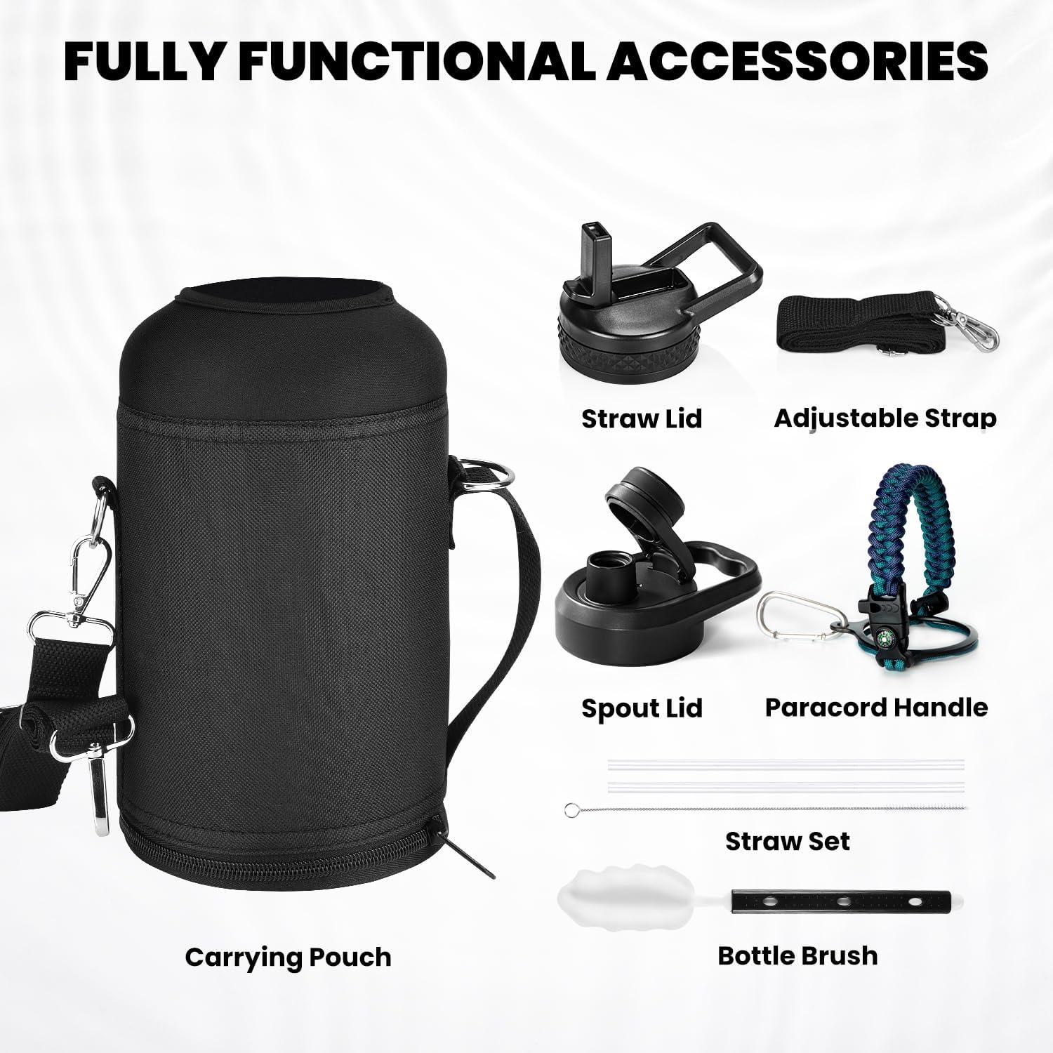 imageInsulated Water Bottle 64 oz Triple Wall Vacuum Stainless Steel Cold for 48 Hrs Leak Proof ampamp NonBPA Half Gallon Water Flask Jug with Paracord Handle ampamp Straw Spout LidsCyan Blue