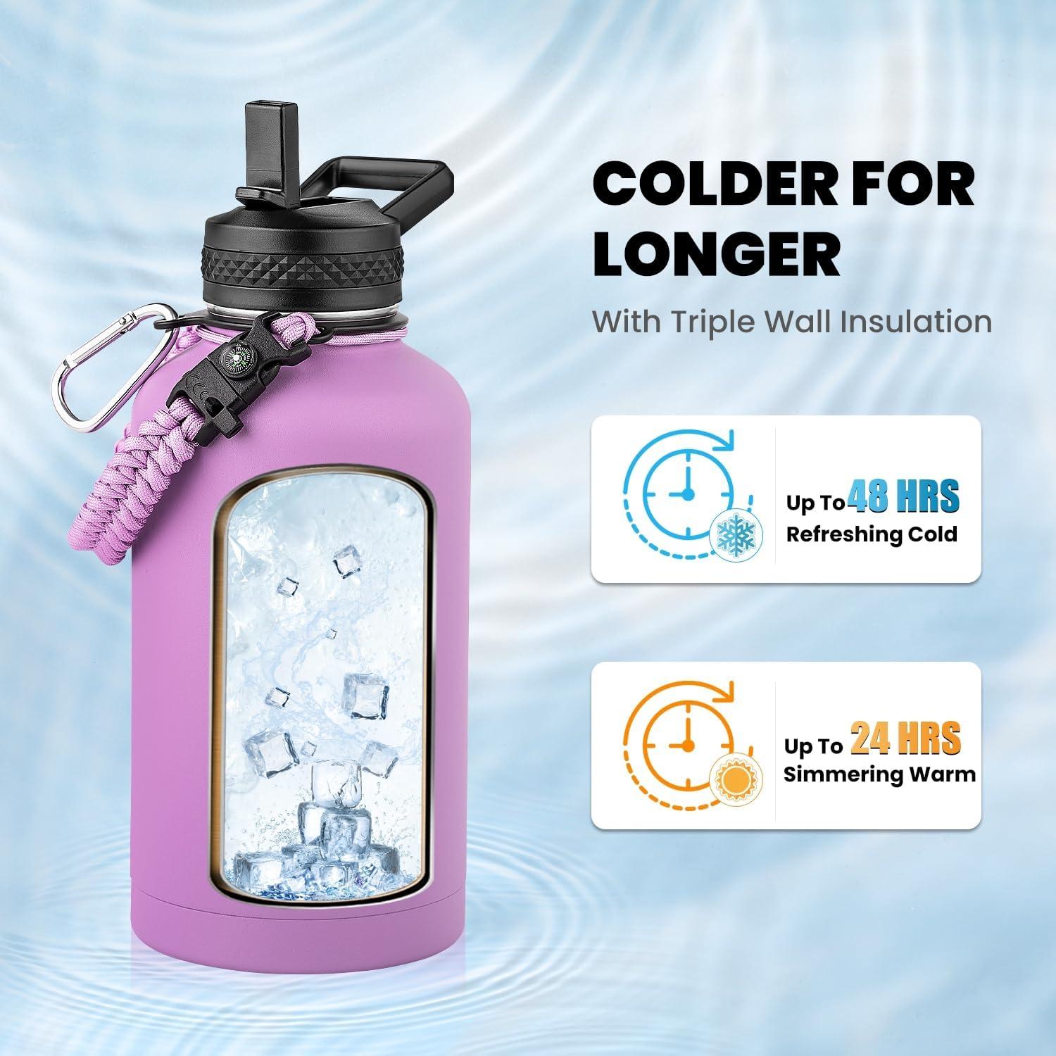 imageInsulated Water Bottle 64 oz Triple Wall Vacuum Stainless Steel Cold for 48 Hrs Leak Proof ampamp NonBPA Half Gallon Water Flask Jug with Paracord Handle ampamp Straw Spout LidsLilac