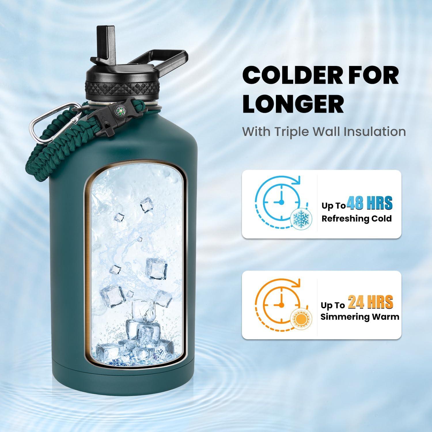 imageInsulated Water Bottle 64 oz Triple Wall Vacuum Stainless Steel Cold for 48 Hrs Leak Proof ampamp NonBPA Half Gallon Water Flask Jug with Paracord Handle ampamp Straw Spout LidsDark Green