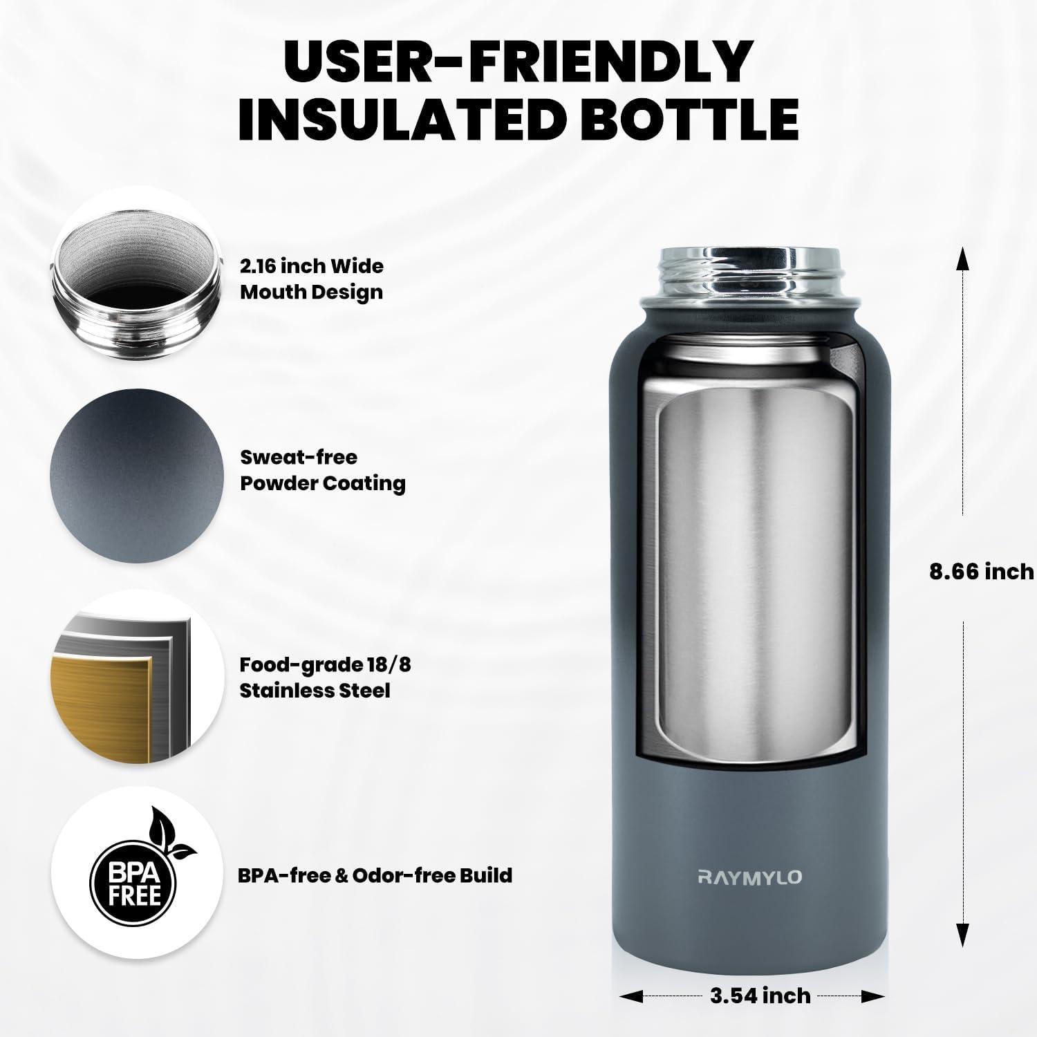 imageInsulated Water Bottle 64 oz Triple Wall Vacuum Stainless Steel Cold for 48 Hrs Leak Proof ampamp NonBPA Half Gallon Water Flask Jug with Paracord Handle ampamp Straw Spout LidsDark Gray