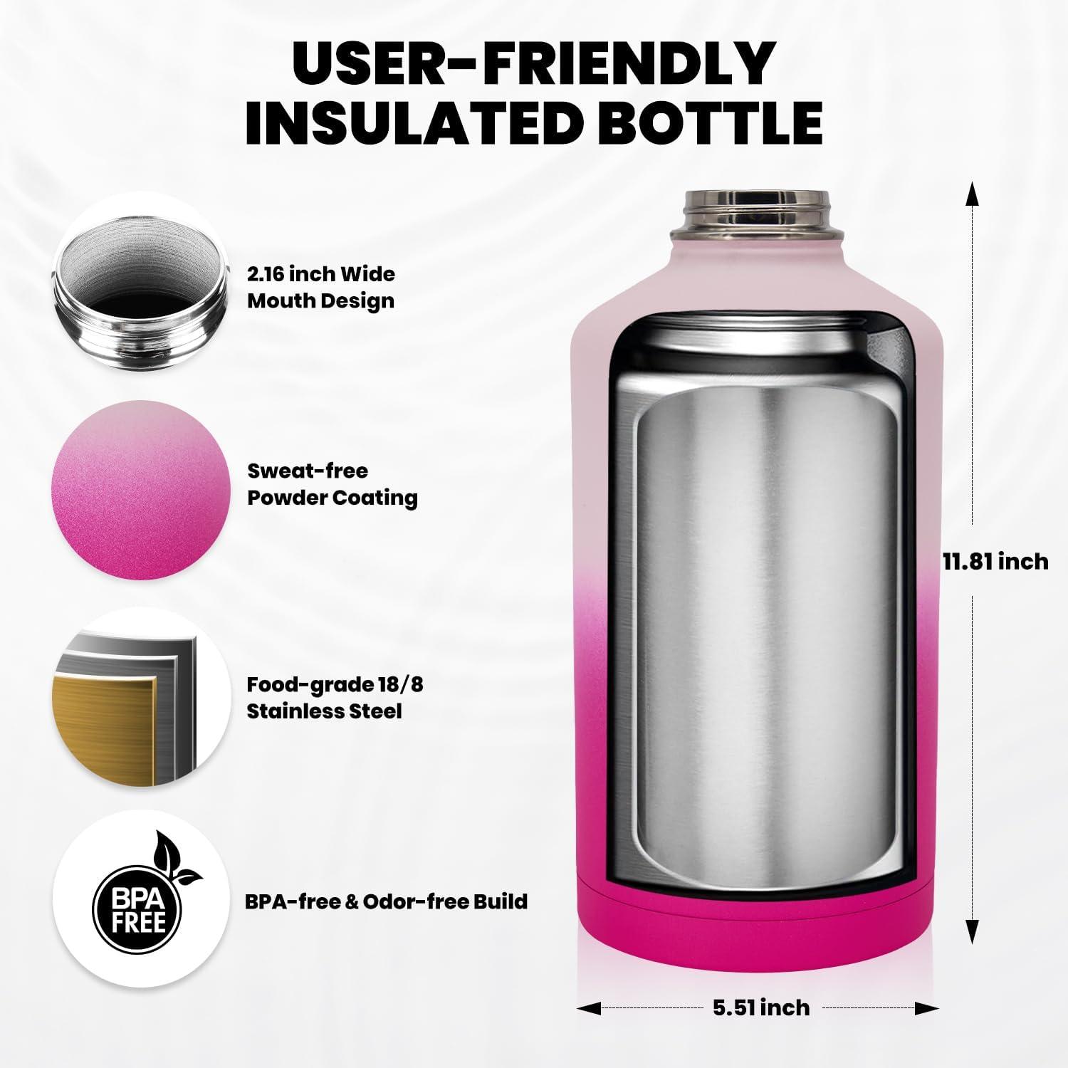 imageInsulated Water Bottle 64 oz Triple Wall Vacuum Stainless Steel Cold for 48 Hrs Leak Proof ampamp NonBPA Half Gallon Water Flask Jug with Paracord Handle ampamp Straw Spout LidsOmbre Pink