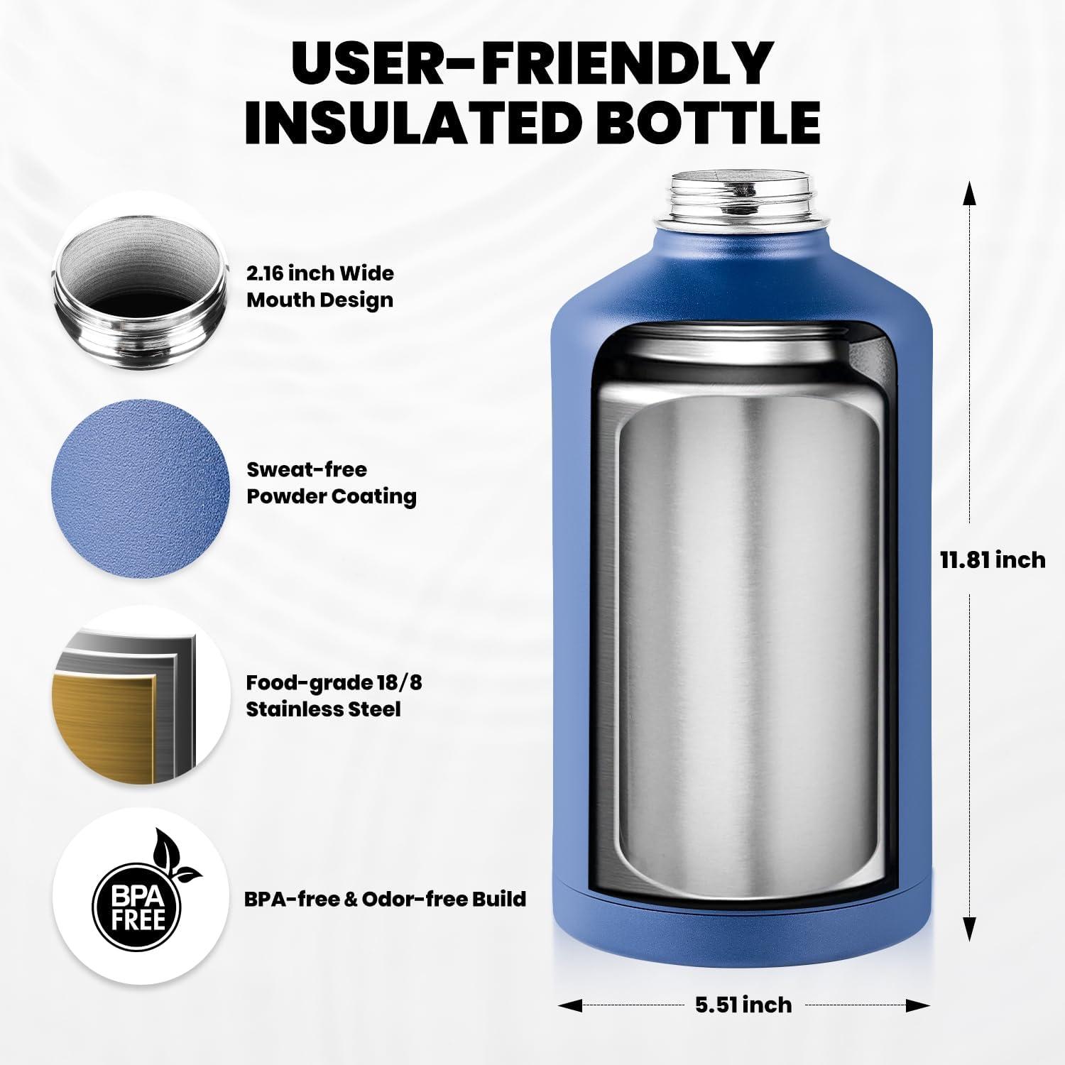 imageInsulated Water Bottle 64 oz Triple Wall Vacuum Stainless Steel Cold for 48 Hrs Leak Proof ampamp NonBPA Half Gallon Water Flask Jug with Paracord Handle ampamp Straw Spout LidsNavy Blue