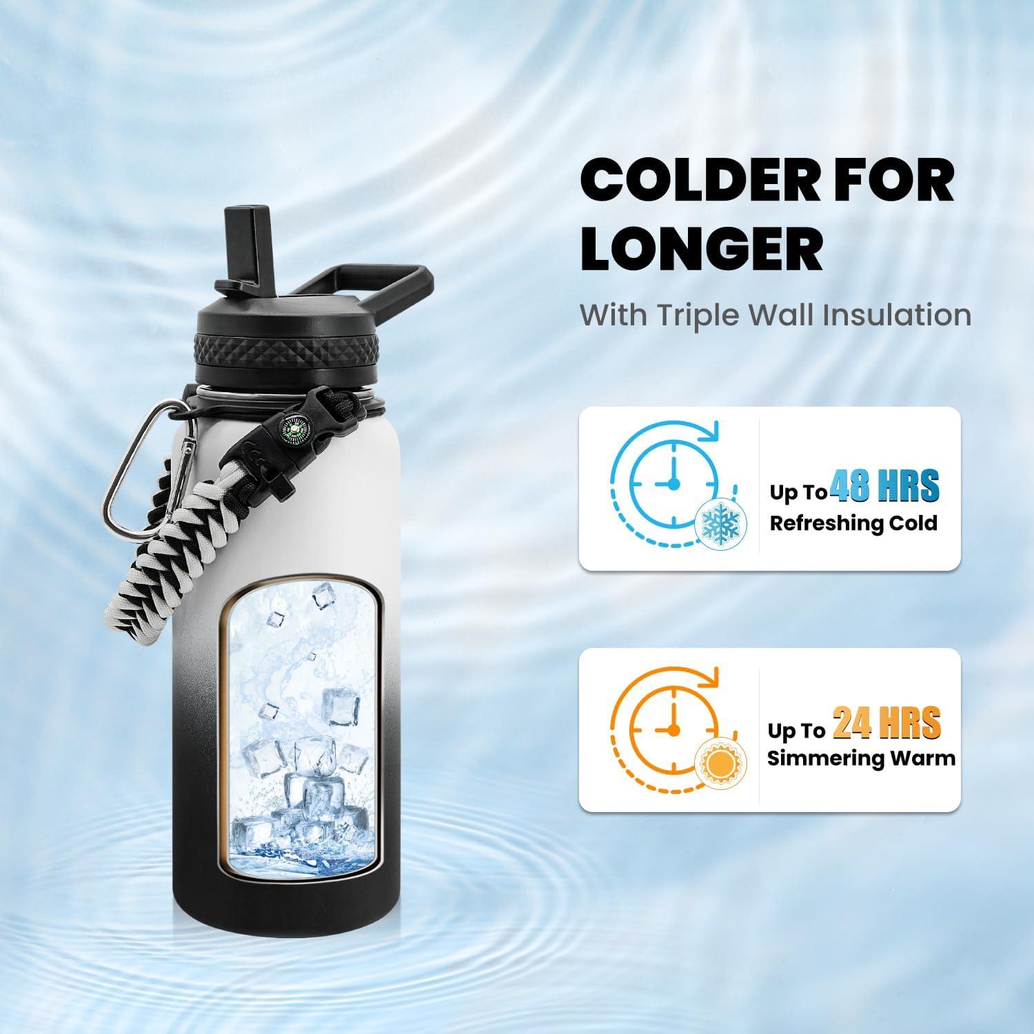 imageInsulated Water Bottle 64 oz Triple Wall Vacuum Stainless Steel Cold for 48 Hrs Leak Proof ampamp NonBPA Half Gallon Water Flask Jug with Paracord Handle ampamp Straw Spout LidsOmbre WhiteBlack