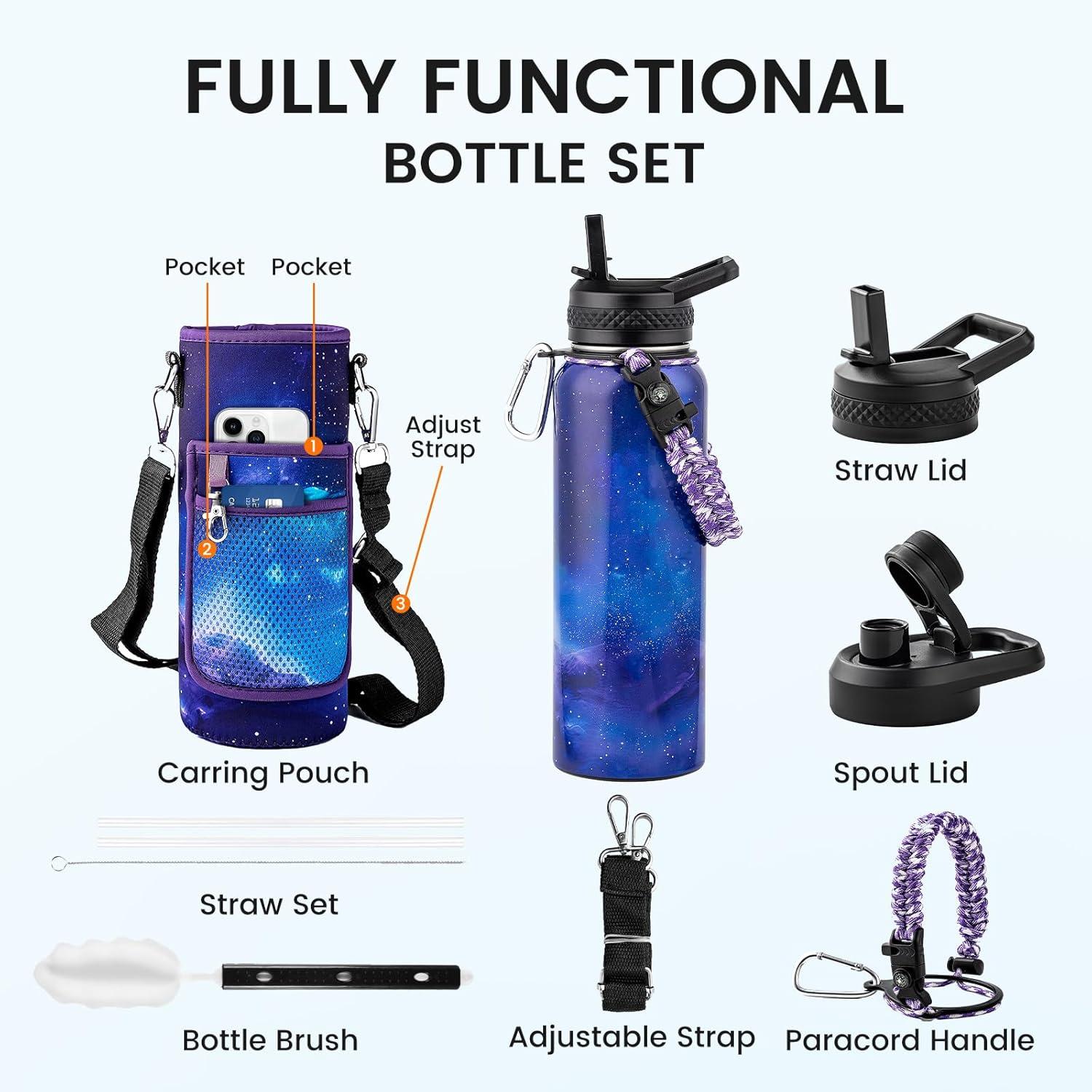imageInsulated Water Bottle 64 oz Triple Wall Vacuum Stainless Steel Cold for 48 Hrs Leak Proof ampamp NonBPA Half Gallon Water Flask Jug with Paracord Handle ampamp Straw Spout LidsAuroraPurple