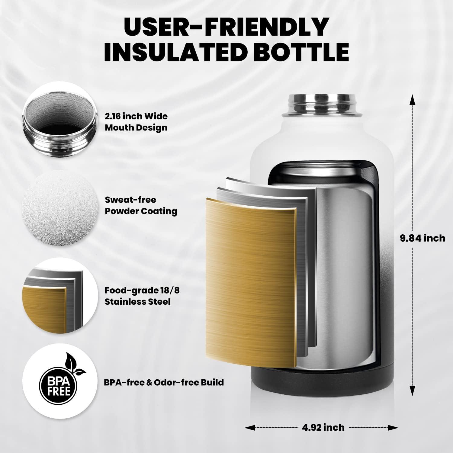 imageInsulated Water Bottle 64 oz Triple Wall Vacuum Stainless Steel Cold for 48 Hrs Leak Proof ampamp NonBPA Half Gallon Water Flask Jug with Paracord Handle ampamp Straw Spout LidsOmbre WhiteBlack