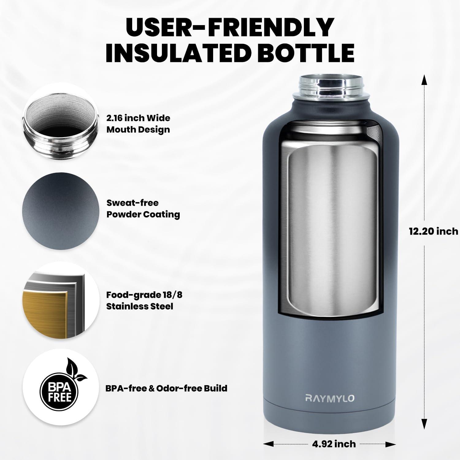 imageInsulated Water Bottle 64 oz Triple Wall Vacuum Stainless Steel Cold for 48 Hrs Leak Proof ampamp NonBPA Half Gallon Water Flask Jug with Paracord Handle ampamp Straw Spout LidsDark Gray