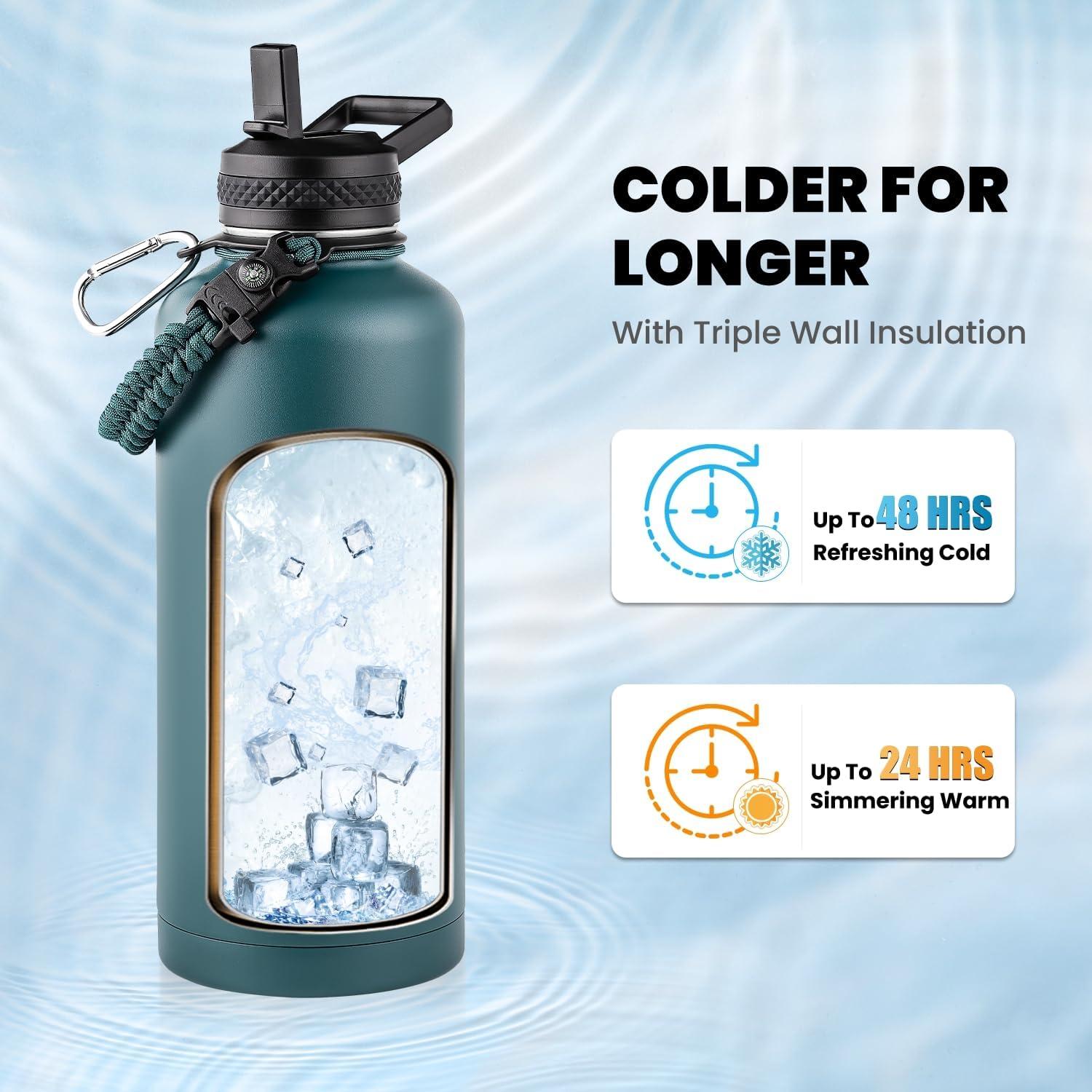 imageInsulated Water Bottle 64 oz Triple Wall Vacuum Stainless Steel Cold for 48 Hrs Leak Proof ampamp NonBPA Half Gallon Water Flask Jug with Paracord Handle ampamp Straw Spout LidsDark Green