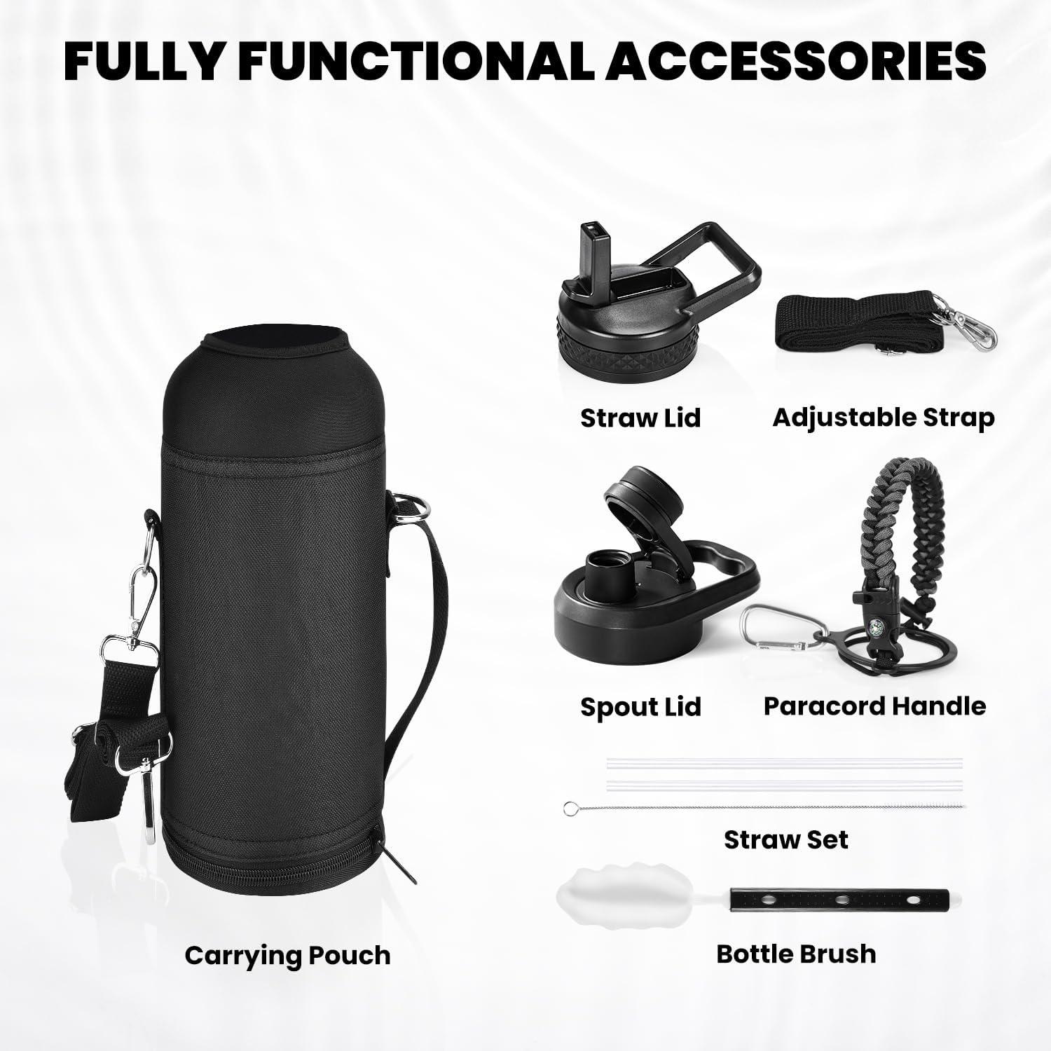 imageInsulated Water Bottle 64 oz Triple Wall Vacuum Stainless Steel Cold for 48 Hrs Leak Proof ampamp NonBPA Half Gallon Water Flask Jug with Paracord Handle ampamp Straw Spout LidsDark Gray