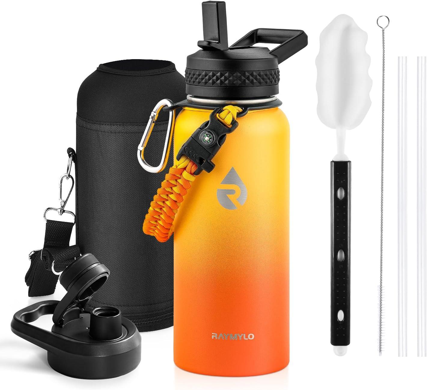 imageInsulated Water Bottle 64 oz Triple Wall Vacuum Stainless Steel Cold for 48 Hrs Leak Proof ampamp NonBPA Half Gallon Water Flask Jug with Paracord Handle ampamp Straw Spout LidsOmbre Orange