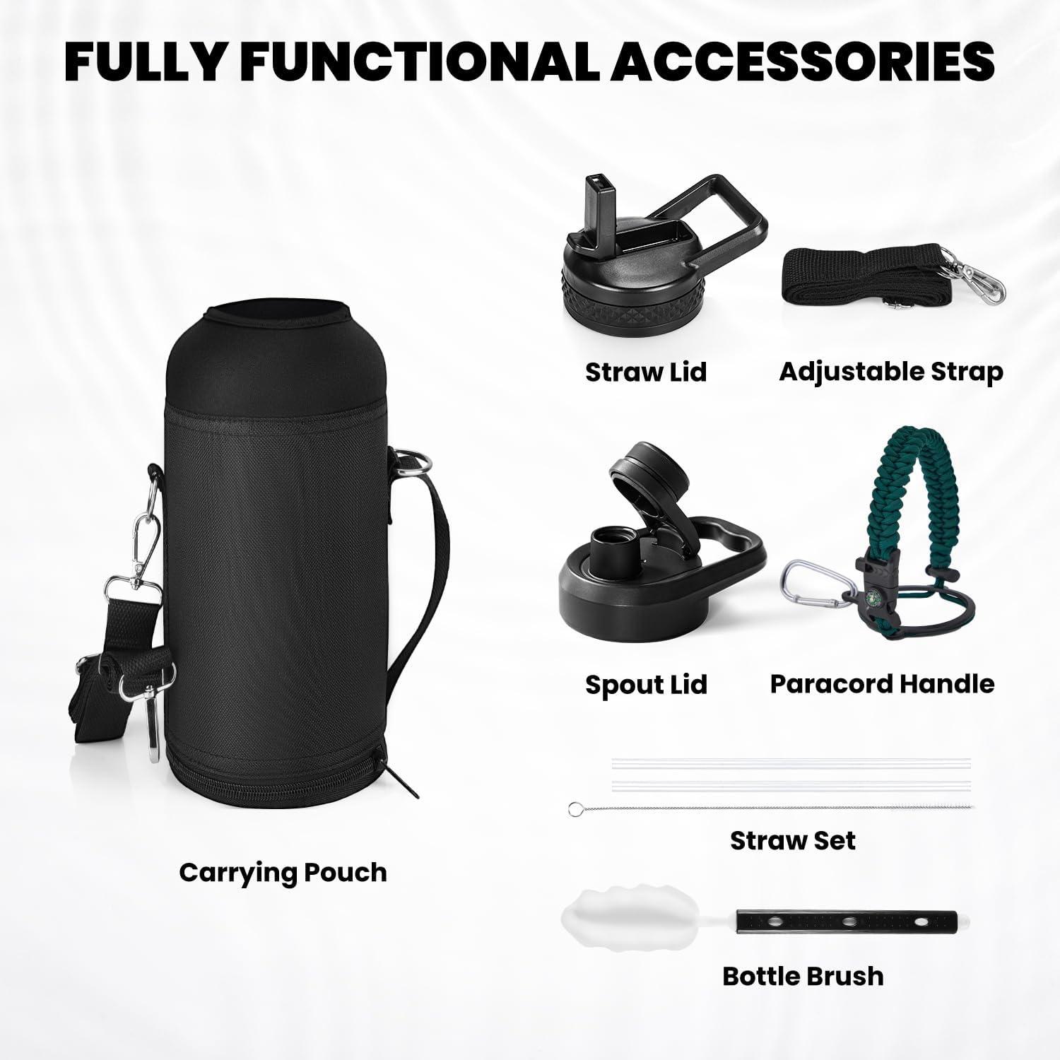 imageInsulated Water Bottle 64 oz Triple Wall Vacuum Stainless Steel Cold for 48 Hrs Leak Proof ampamp NonBPA Half Gallon Water Flask Jug with Paracord Handle ampamp Straw Spout LidsDark Green